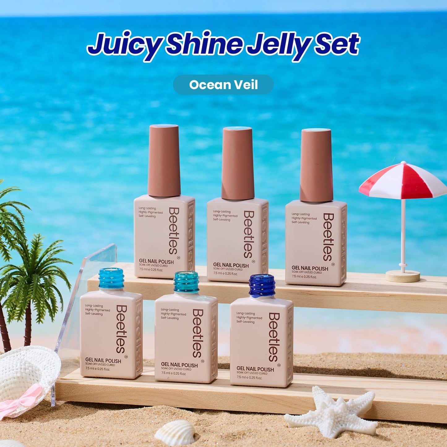 Beetles Blue Gel Nail Polish Set - Ocean Veil 6 Colors Jelly Summer Gel Nail Polish Kit Green Sheer Translucent Effect Soak off UV Nail Art DIY at Home Gift for Women