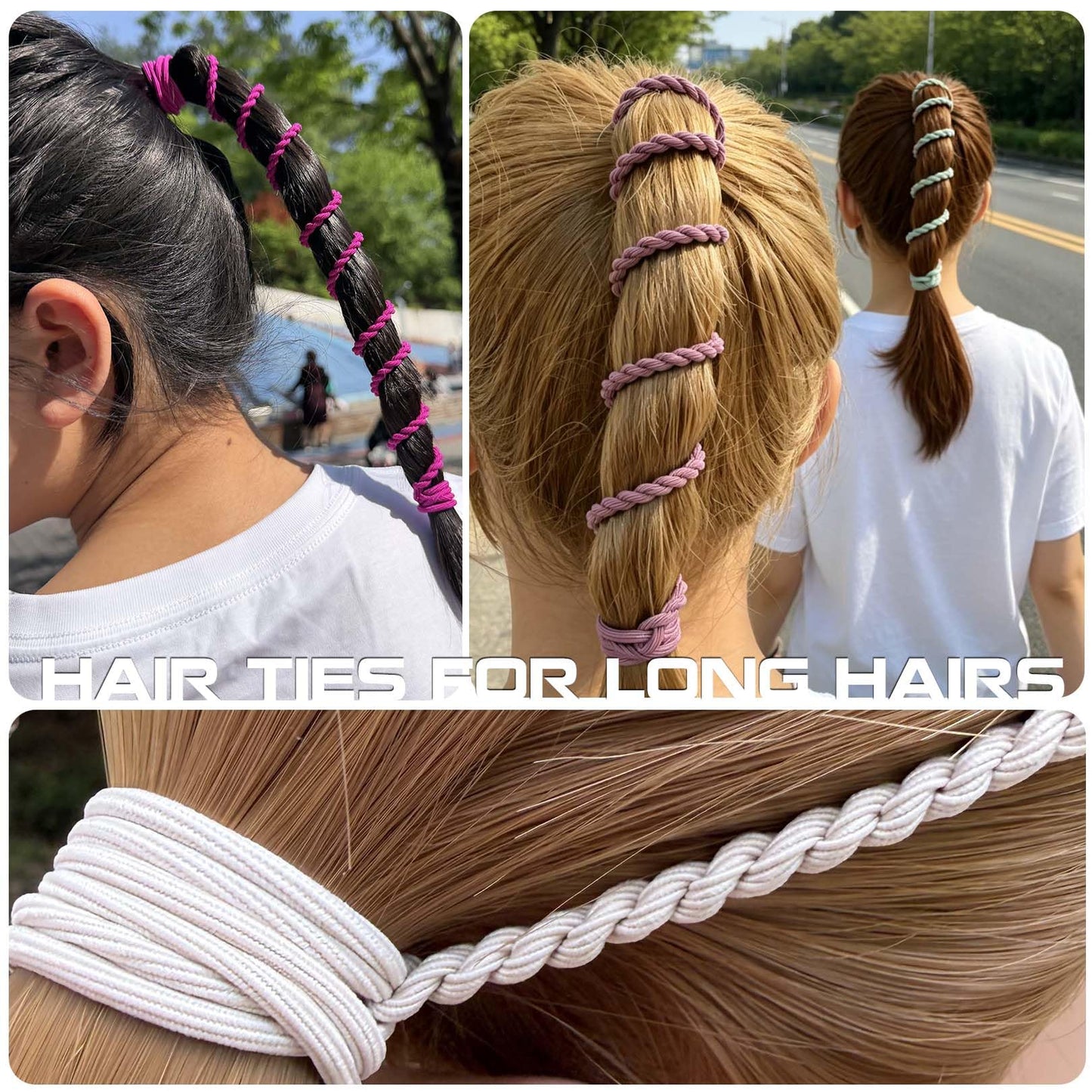 Hair Ties for Women, 16" 4 Packs Soft Nylon Elastic Ponytail Holders for Thick,Curly,Fine Hair Spiral Pony Tail Wrap Around Tie Long Womens Accessories for Sport,Swim,GYM (Hot Pink/Purple/Blue/Green)