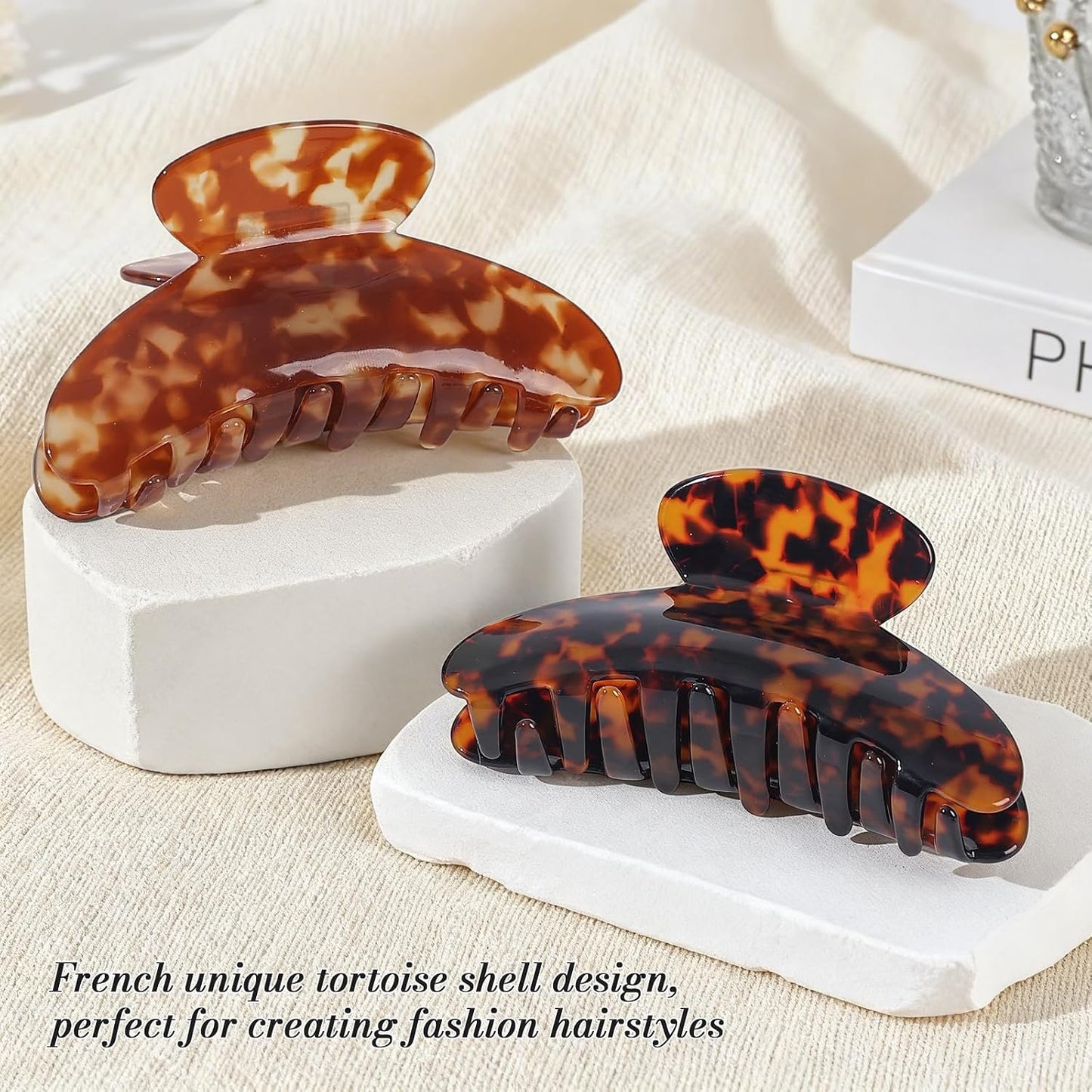 Large Acetate Hair Claw Clips - 2 Pack Tortoise Shell & Leopard Print | 4 Inch Non-Slip Strong Hold for Women & Girls