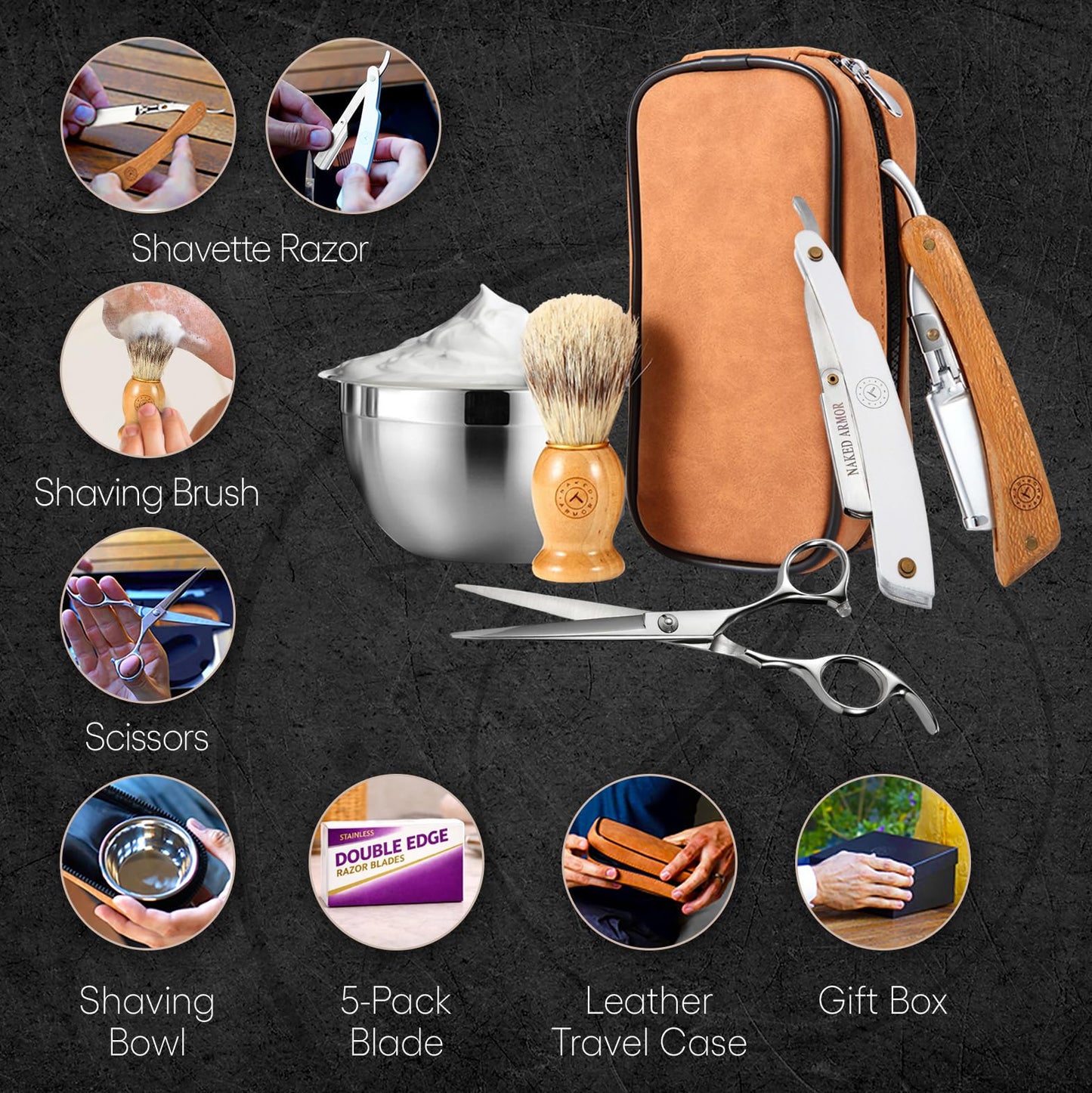 Naked Armor Lucan Barber Shavette Straight Razor Kit for Men with 2 Shavettes, Shaving Brush, Bowl, Barber Scissors, 5 Double Edge Blades, Leather Case and Gift Box, Barbershop Wet Shaving Set
