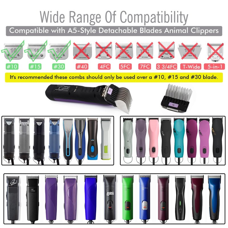 Professional A5-Style Animal Clipper Stainless Steel Color-Coded Snap-on Attachment Guard Guide Comb, 1/8"-1" Compatible with Wahl KM Series Oster A5 Andis Detachable Blade Pet Dog Groomers (#8-1")