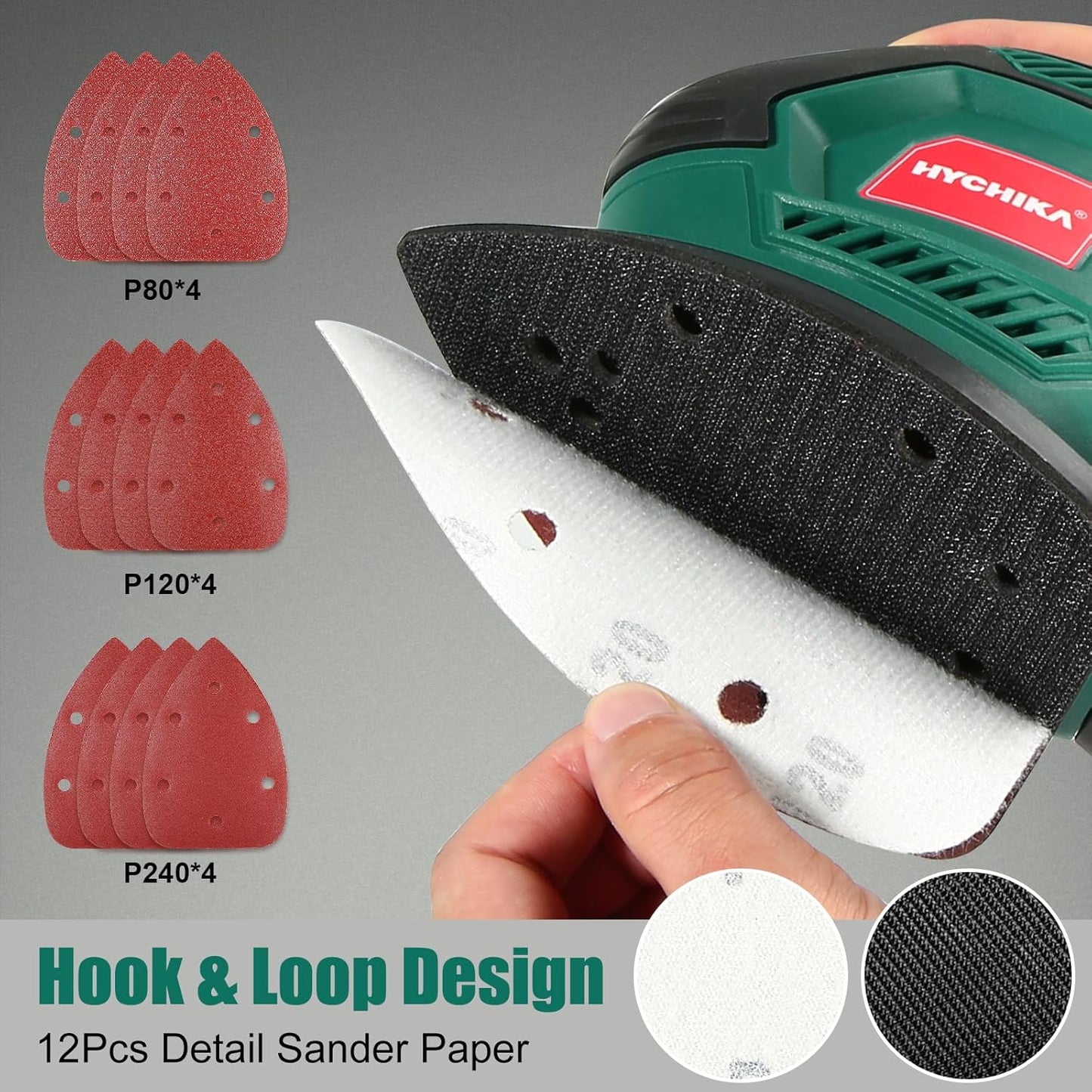 HYCHIKA Detail Sander - 14,000 OPM Compact Electric Tool for Tight Spaces | Includes 12 Sandpapers & Dust Collection System