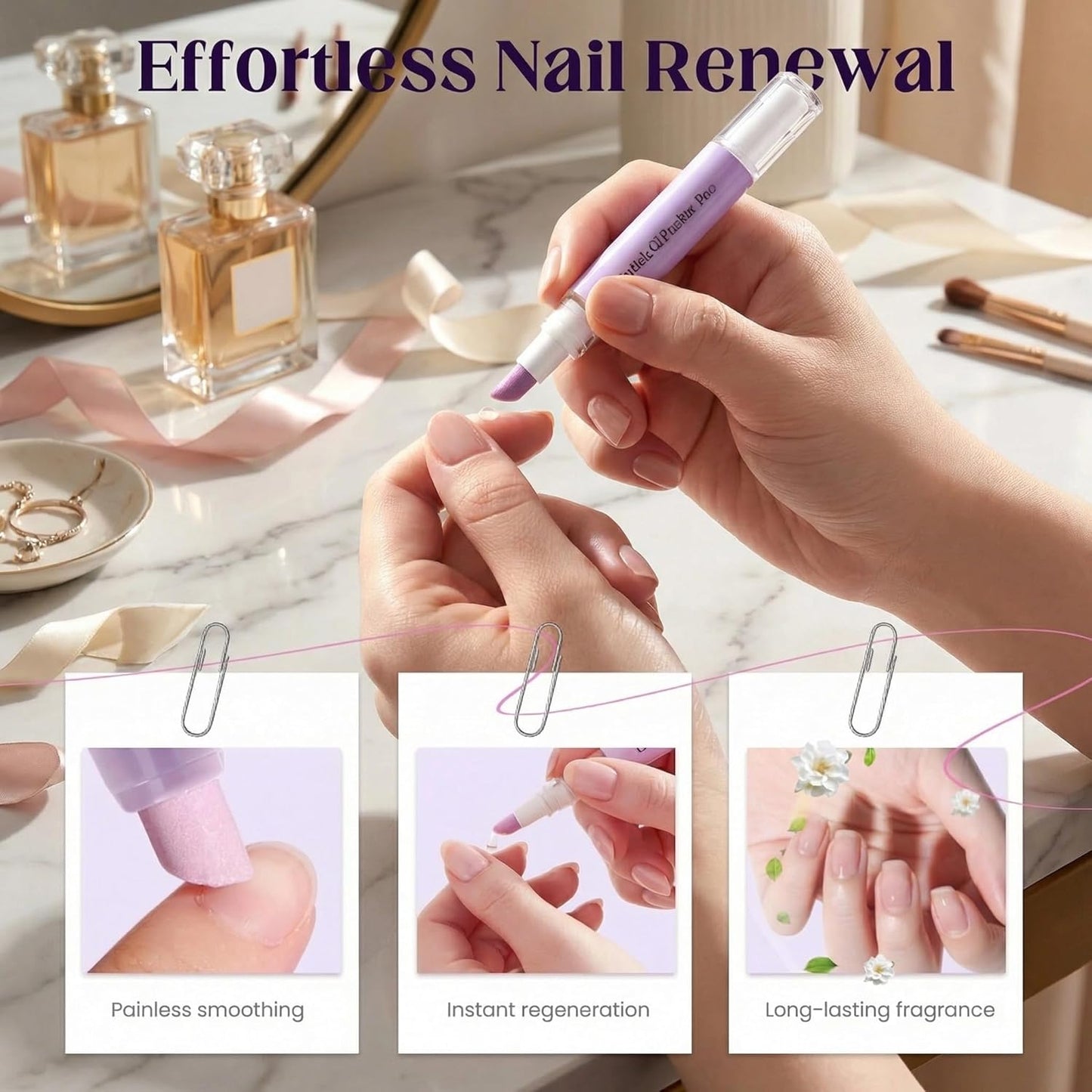 Cuticle Oil Pusher Pen - 4-in-1 Nail Care Tool for Dry, Damaged Nails | Moisturizing & Strengthening (Pink & Purple)
