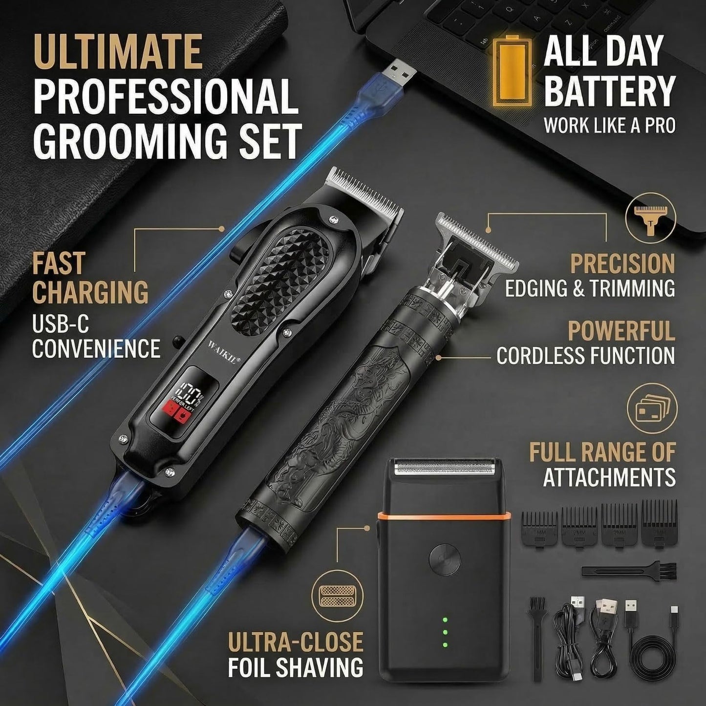 WAIKIL Men's Hair Clippers Set,Cordless Hair Trimmer & Foil Shaver Kit with LCD Display,Professional Barber Clippers for Men,Beard Trimmer,T-Outliner,Rechargeable Grooming Kit with Guide Combs