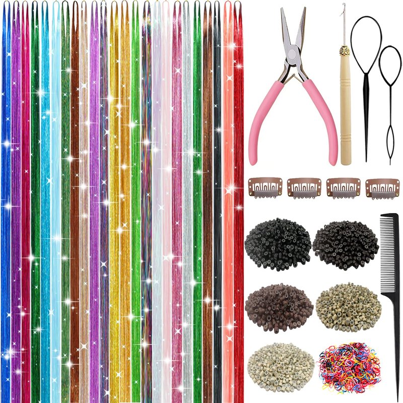 Hair Tinsel Kit - 9800 Strands in 24 Vibrant Colors | Heat Resistant Hair Extensions for Parties & Festivals
