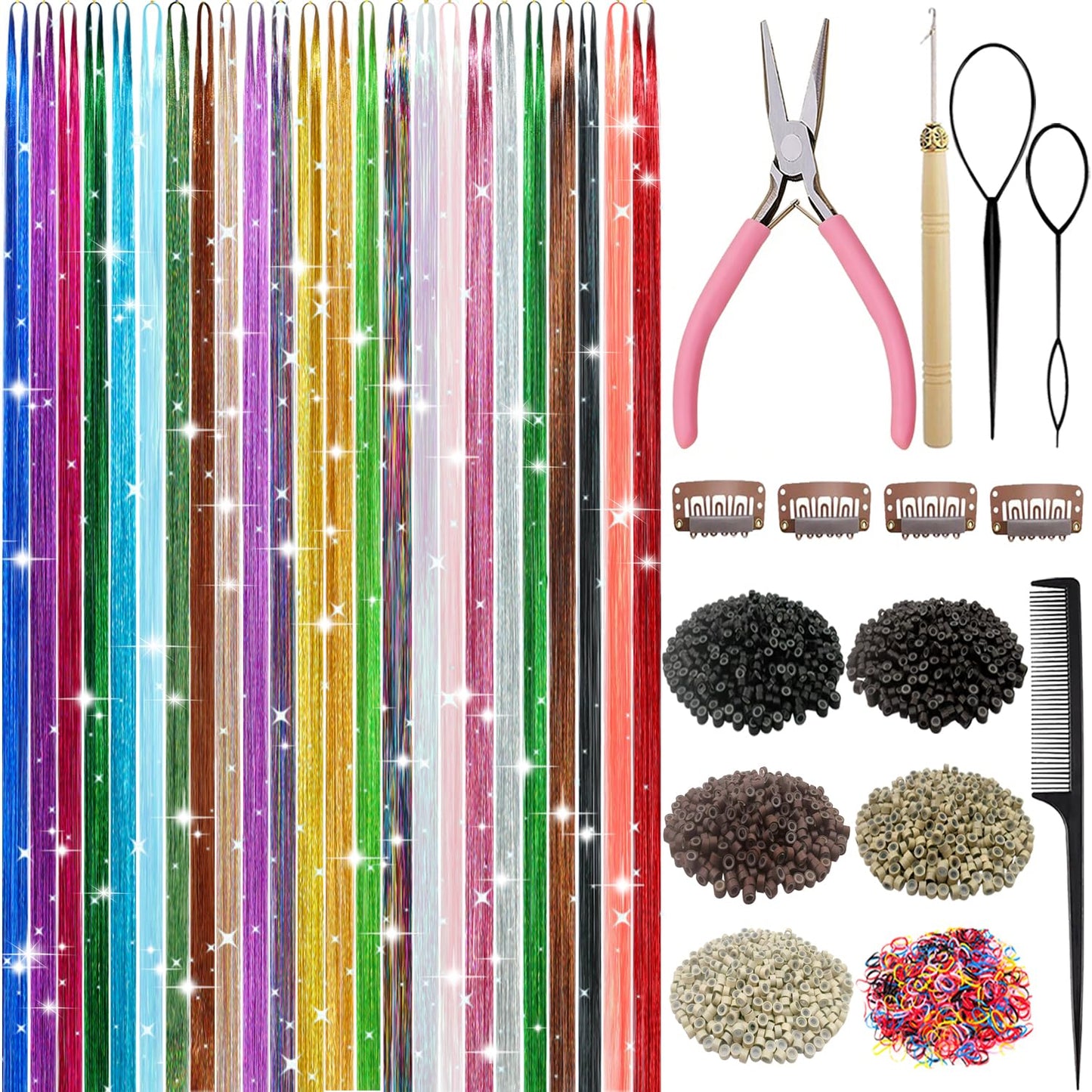 Hair Tinsel Kit - 9800 Strands of Colorful Heat-Resistant Extensions | 24 Vibrant Shades for Festivals & Parties