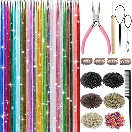 Hair Tinsel, 24 Colors 9800 Strands Hair Tinsel Kit with Tools, Heat Resistant Tinsel Hair Extensions Party Festival Colorful Fairy Hair Accessories for Girls Women (24 Colors)