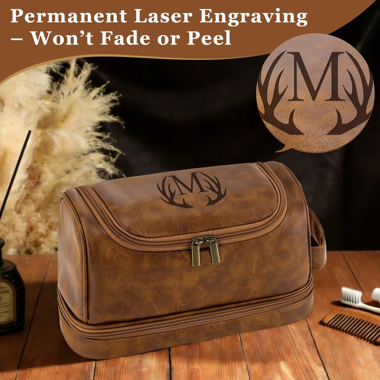 Aganmi Personalized Toiletry Bag Fathers Day Birthday Gifts for Men Dad Husband, Custom Initial PU Leather Waterproof Toiletry Organizer Dopp Kit Shaving Bag Travel Essential for Men (Light Brown J)