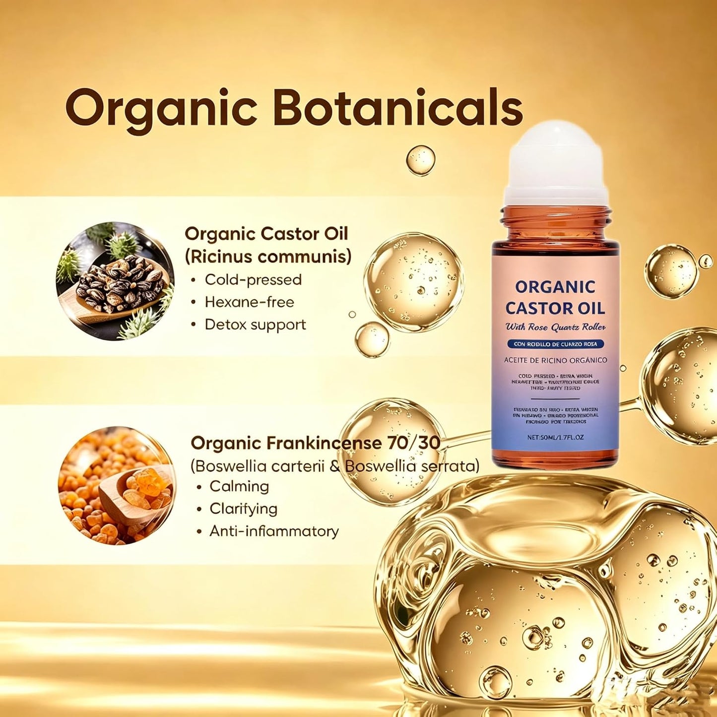 Organic Castor Oil with Rose Quartz Roller - 100% Pure Cold-Pressed | Hexane-Free 1.7oz Amber Glass Bottle for Skin