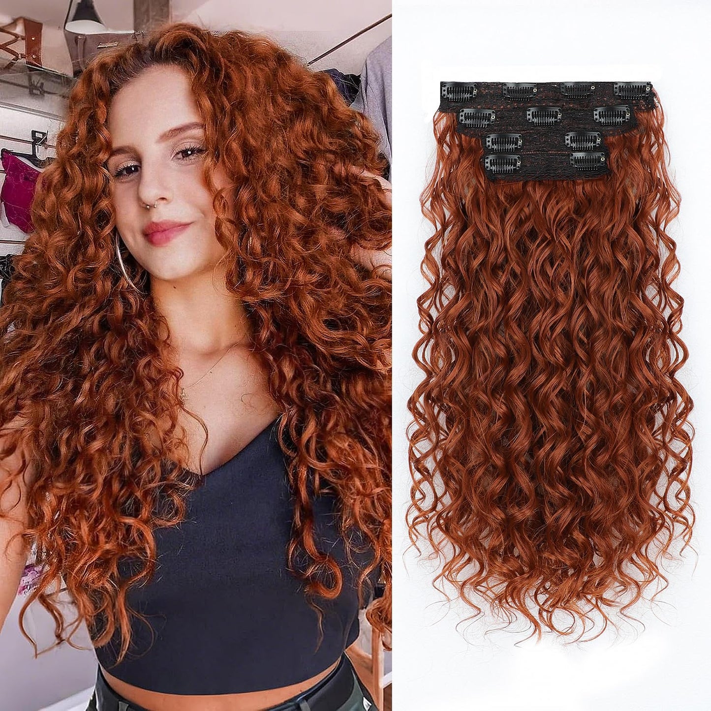 Curly Clip-In Hair Extensions - 20 Inch Thick Natural Synthetic Hairpieces | 4PCS Black