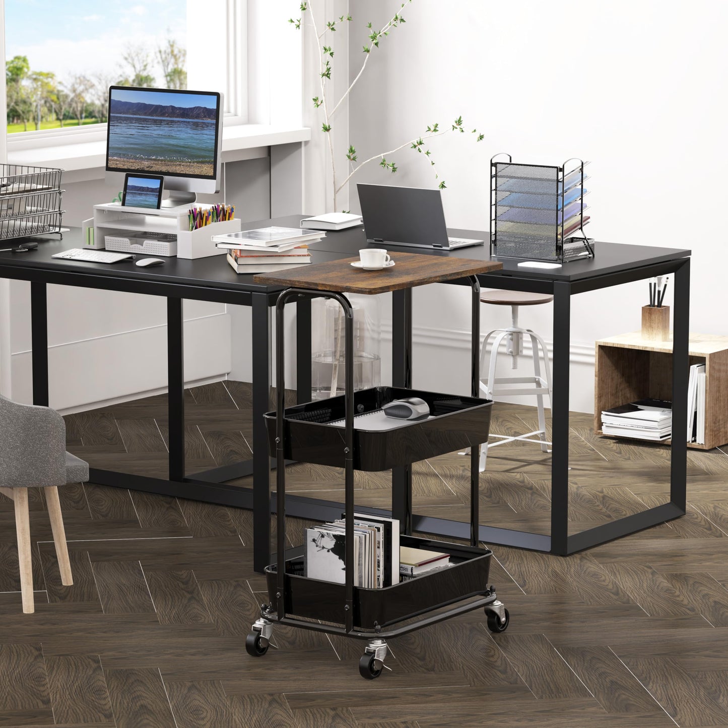 Simple Houseware 2-Tier Rolling Utility Cart with Lockable Wheels and Wood Top, Metal Storage Organizer Trolley for Kitchen, Bathroom, Office, Craft Room, Rustic Brown