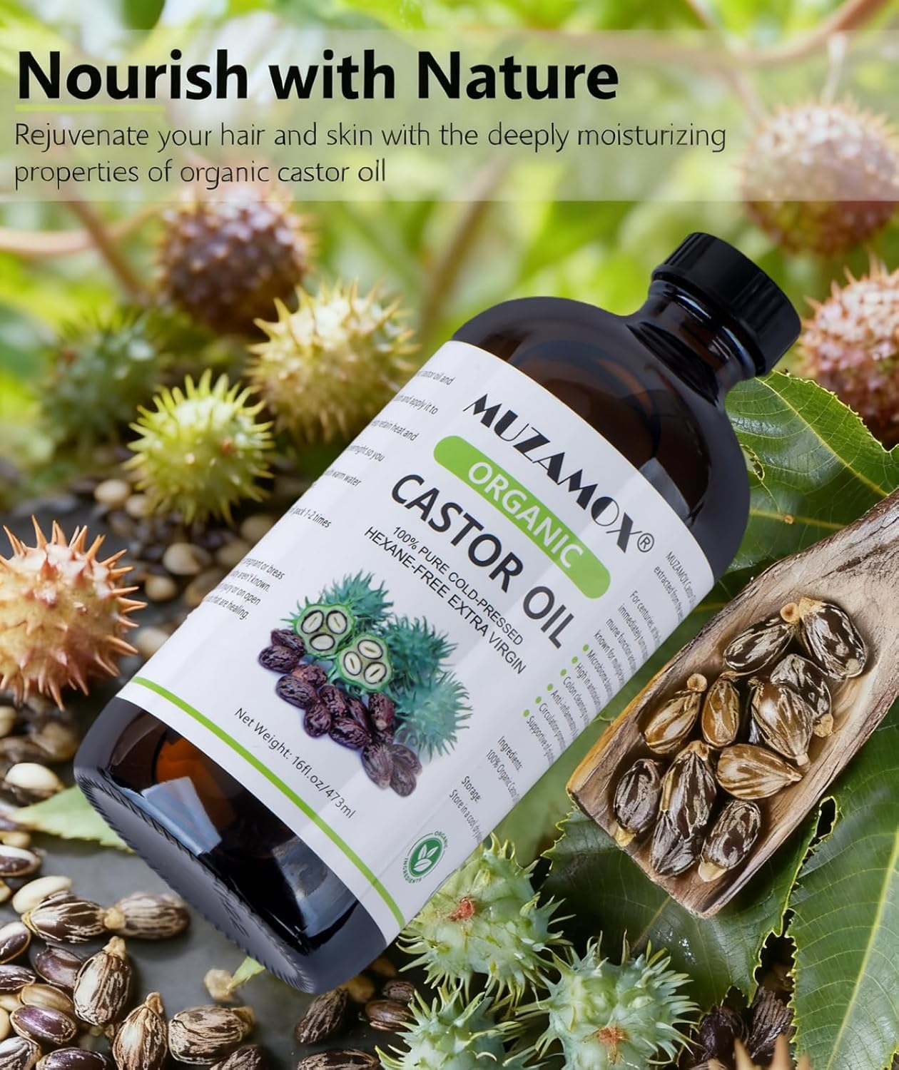 Organic Castor Oil - Cold Pressed & Unrefined | 100% Pure, Hexane-Free, 16 Fl Oz for Skin & Hair Growth