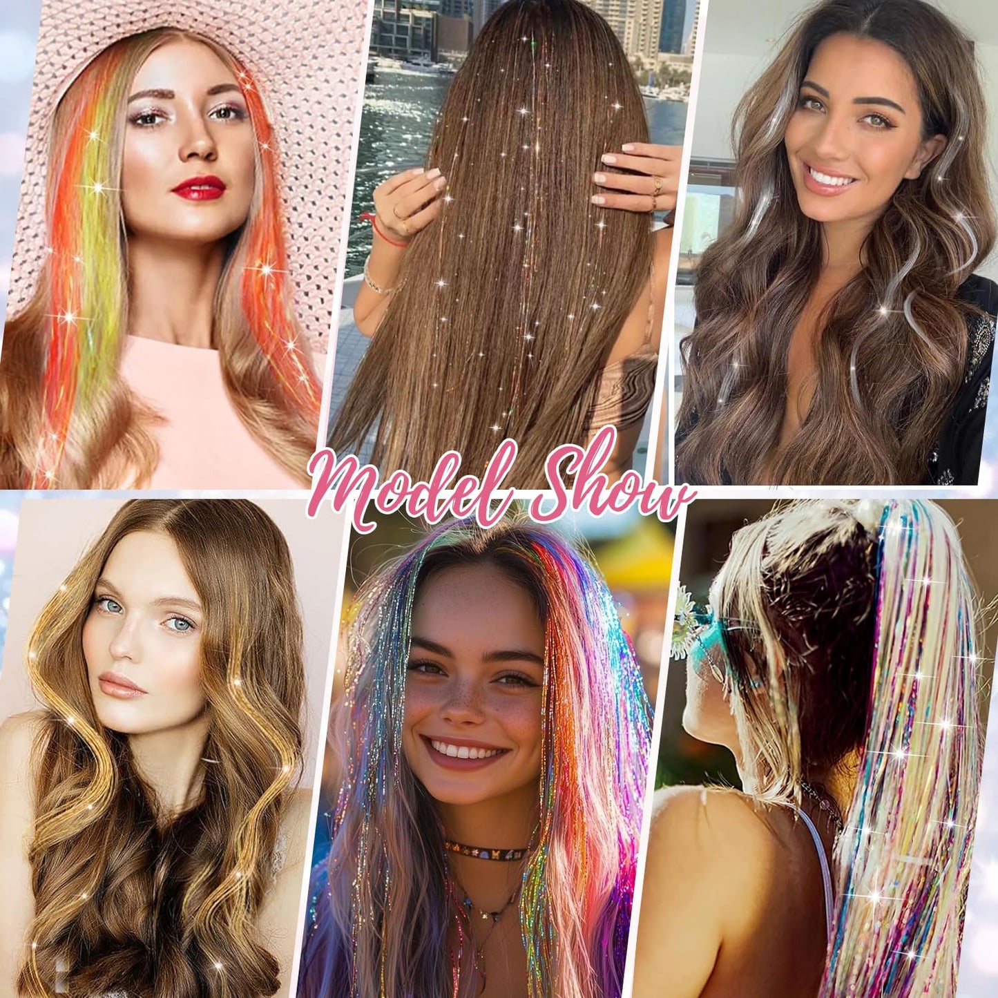Hair Tinsel 8 Packs 1600 Strands 50 Inch Tinsel Hair Extensions Black Heat Resistant Glitter Sparkling Shinny Fairy Hair Accessories for Women(Black, 50Inch)