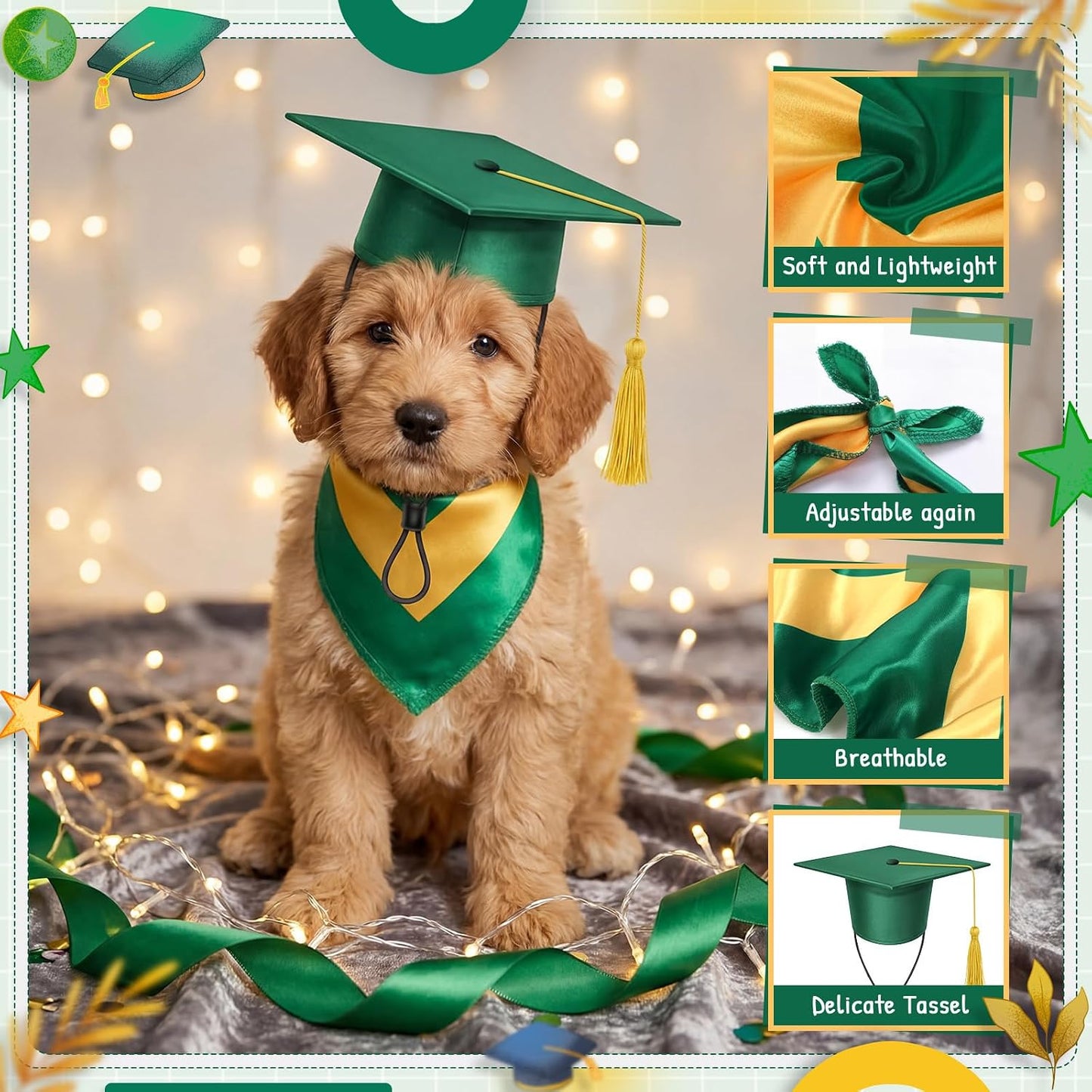 Dog Graduation Cap and Bandana Costume Set - Adjustable, Washable Pet Outfits for 2026 | Yellow, Small