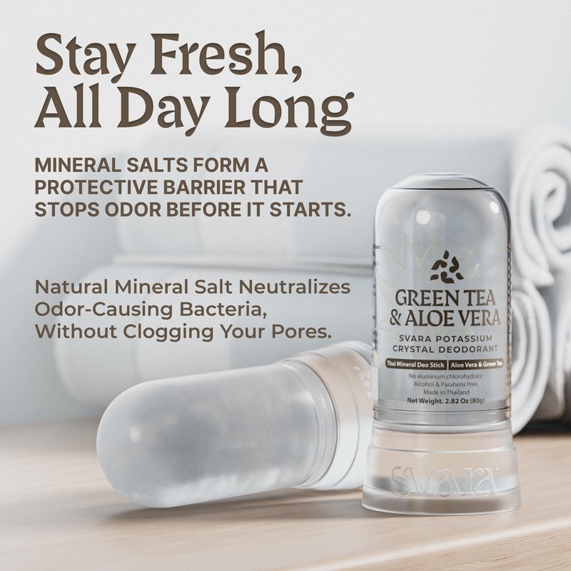 SVARA Natural Alum Crystal Deodorant Stick for Women & Men – Potassium Alum Stone for Odor Control,Non-Sticky Mineral Rock Design for Daily Freshness & Easy Application–Green Tea & Aloe Vera (2.82Oz)