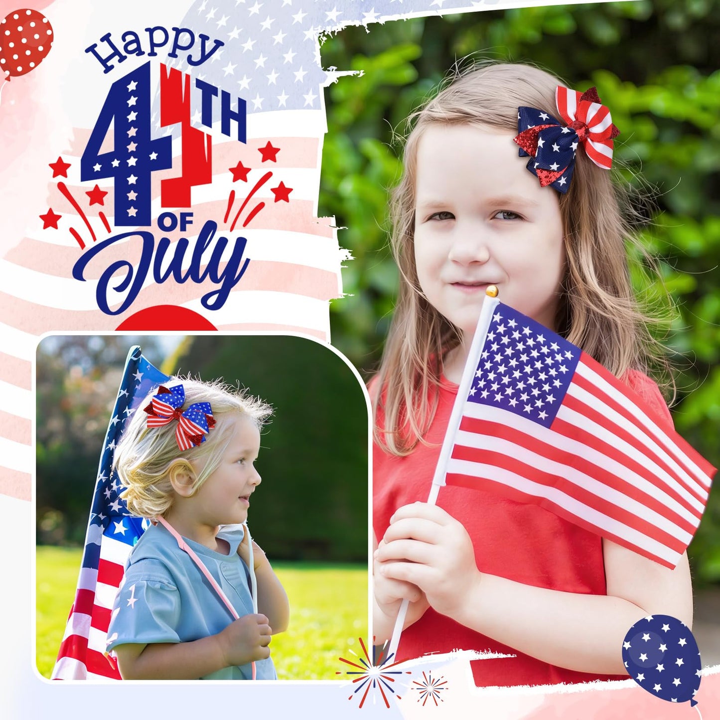 4PCS Glitter American Flag Hair Bows Clips, Sparkly Fourth of July Hair Bows Clips Alligator Barrettes, Patriotic Hair Accessories for Women Girls
