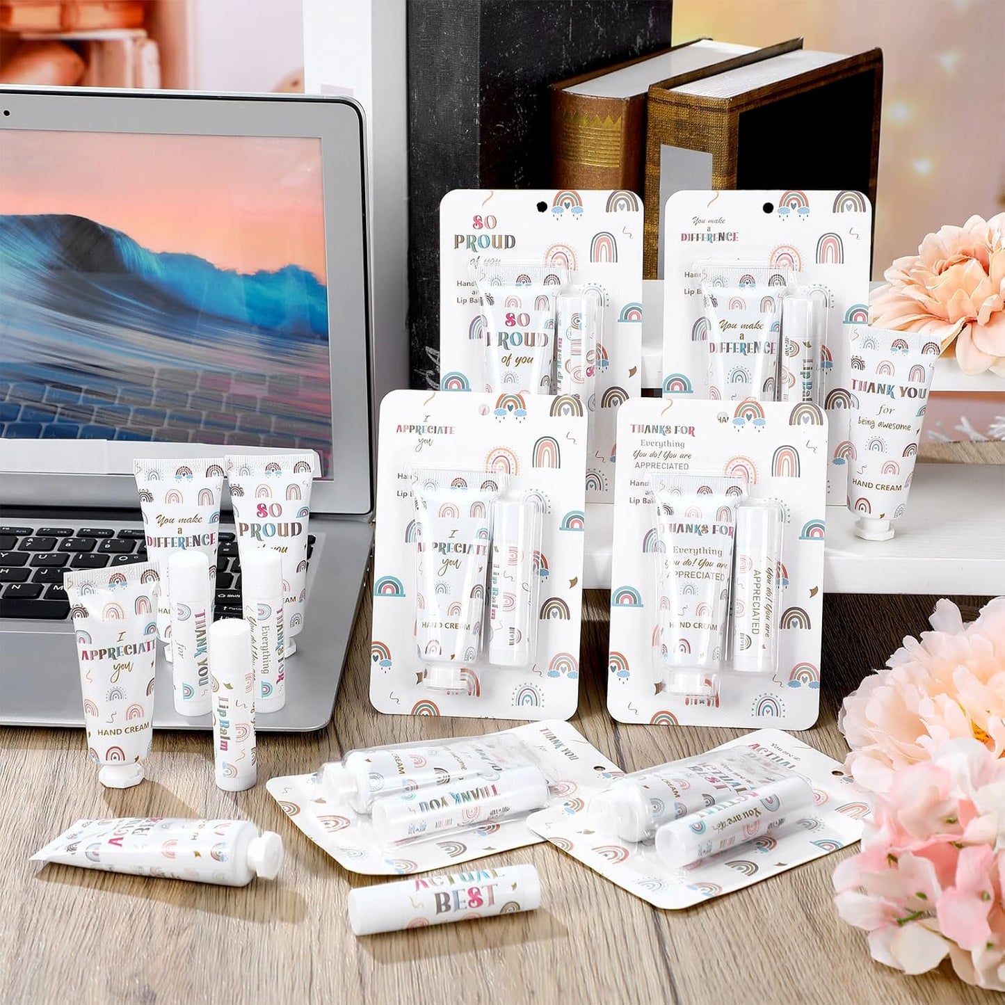 Boho Rainbow Lip Balm & Hand Cream Set - 12 Pcs Teacher Appreciation Gifts | Perfect Thank You Favors for Coworkers