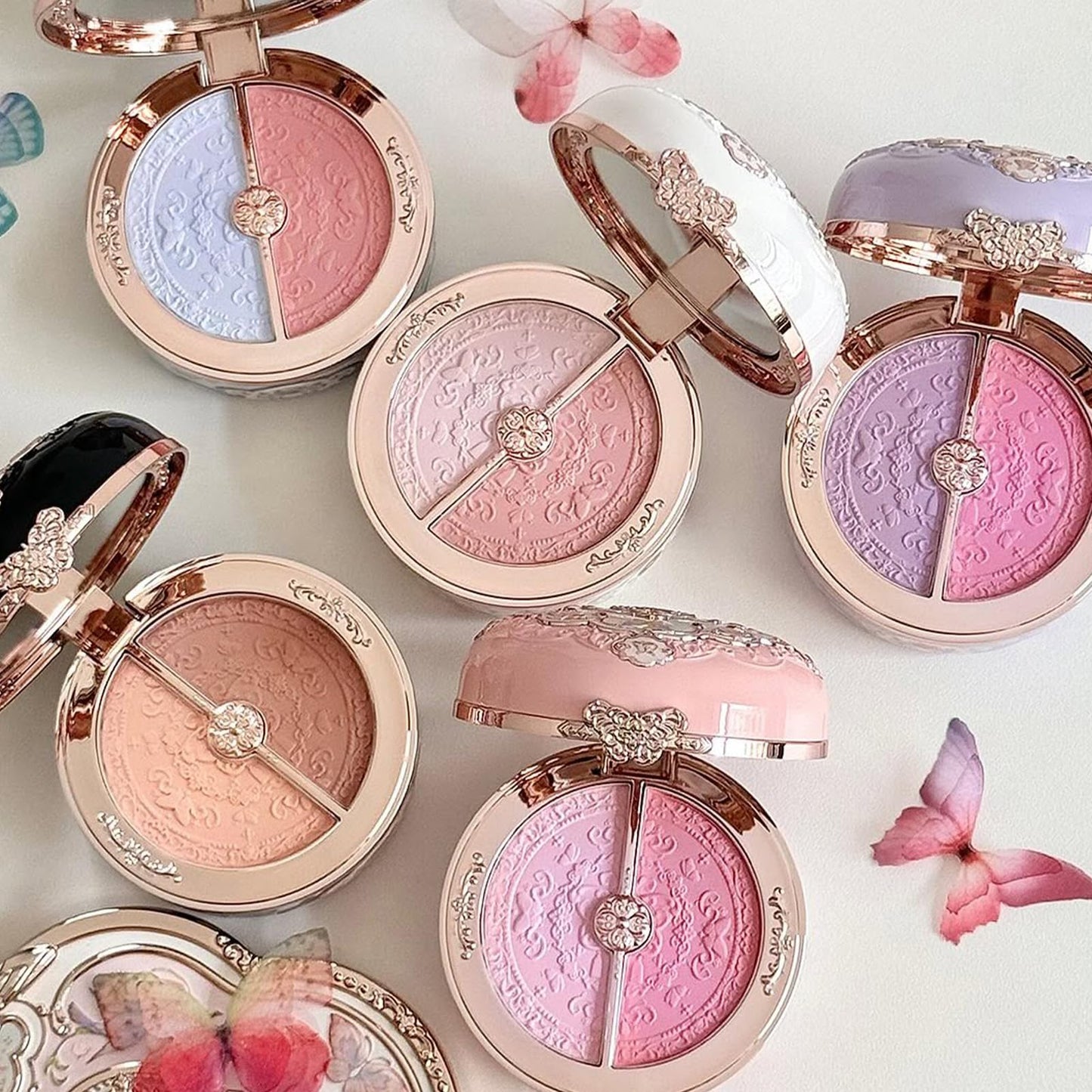 Flower Knows Butterfly Cloud Collar Rouge Box Highlighting & Blush Duo Powder,Pink Matte Finish Blush & Highlighter Palette,Buildable & Blendable Makeup Blush for cheeks(03 Pastel Lotus)
