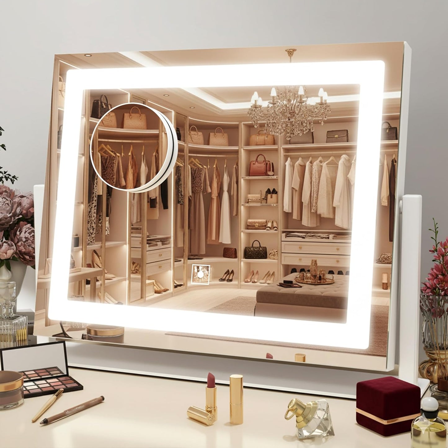 Gold Lighted Makeup Mirror - 15" x 13" Dimmable LED Vanity Mirror with Touch Control | 360° Rotation for Bedroom & Dorm