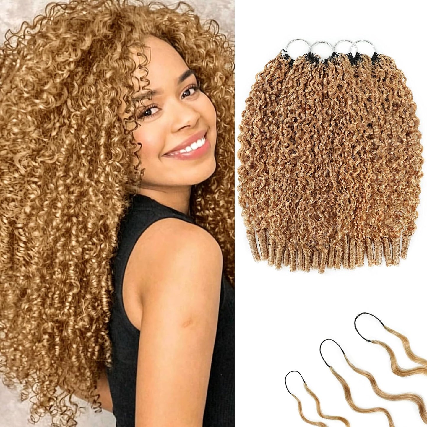 Honey Blonde Burmese Curly Crochet Hair Extensions - 20 Inch, 240g, Lightweight & Reusable, Invisible Knots