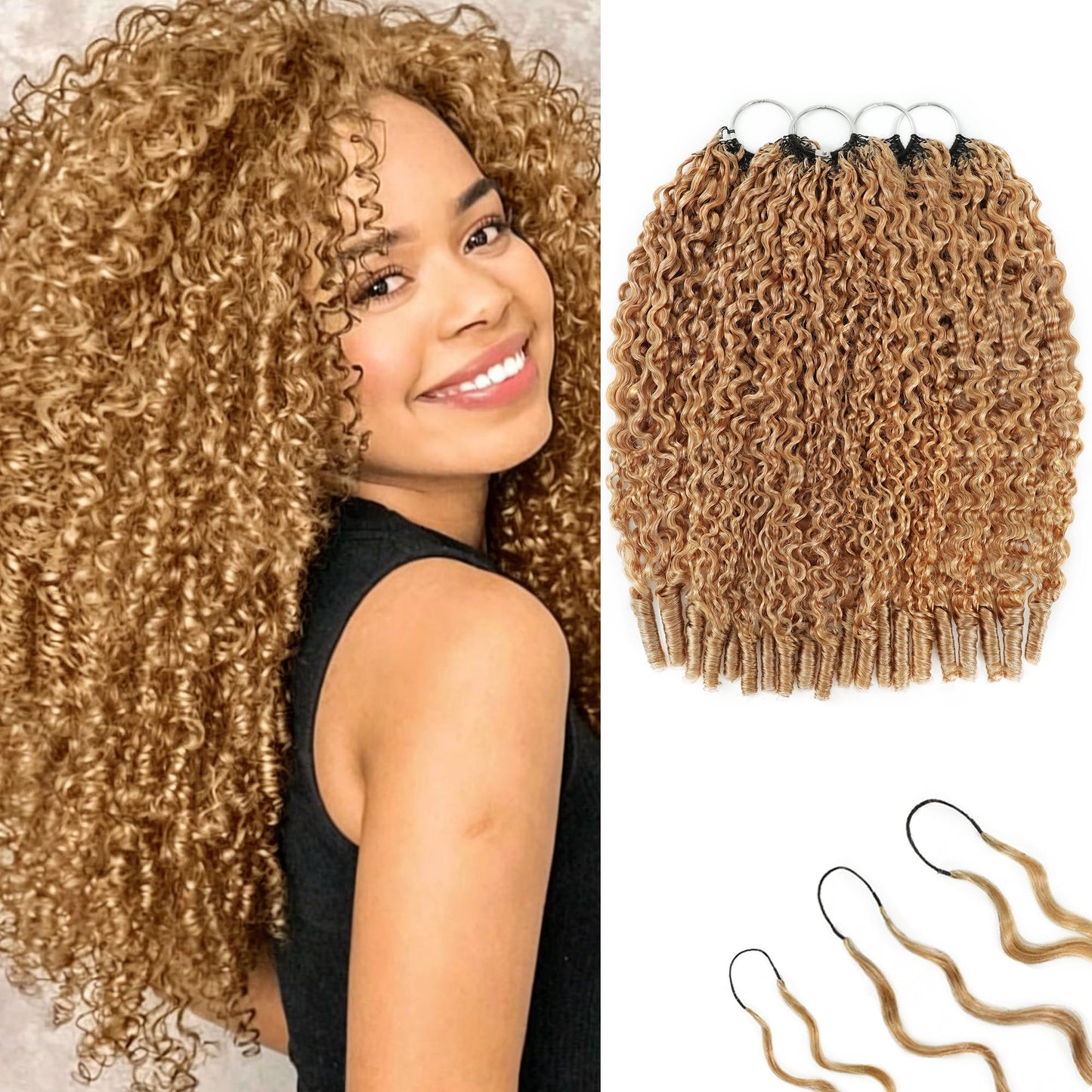 KULYMUWIG Honey Blonde Burmese Curly Crochet Human Hair 20 Inch 240g Invisible Pre-Separated Feather Crochet Human Hair Bundles 27# Reusable Lightweight Miracle Knots Hair Extensions