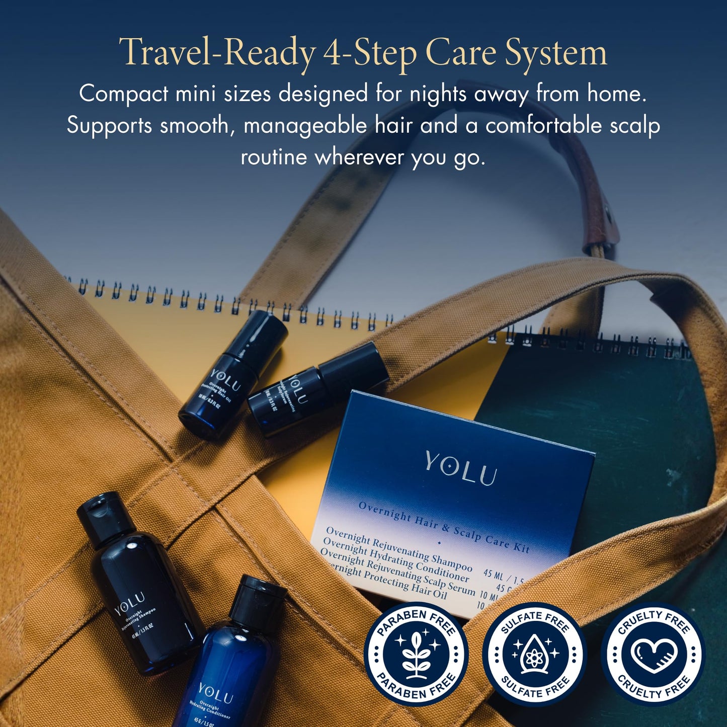 YOLU - Travel Size Hair Care Kit - Japanese Hair Care Starter Kit - Overnight Scalp Serum, Hair Oil, Shampoo & Conditioner - Travel Toiletries - Gift Set for Women - 4 Step System