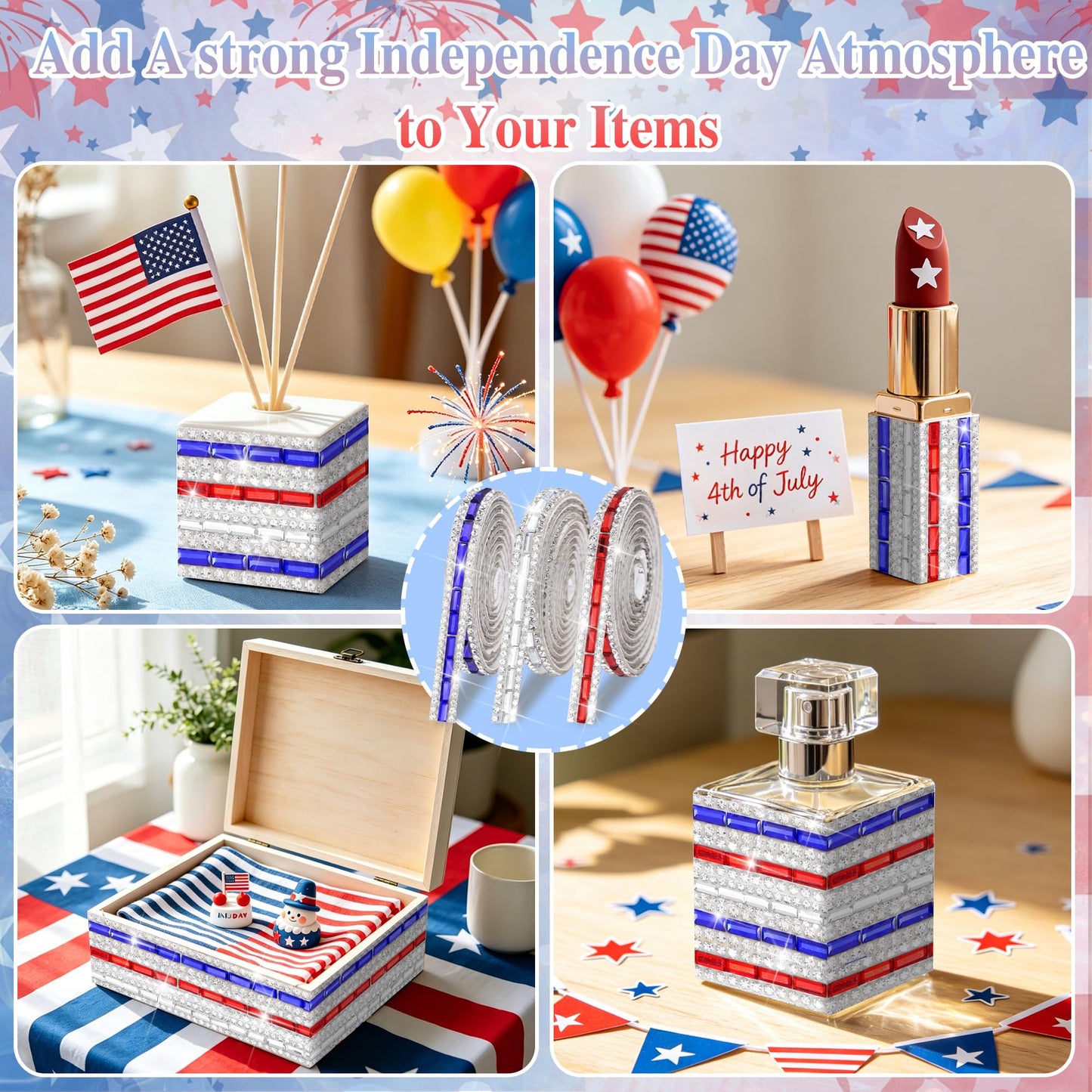 ROYTOER Patriotic Rhinestone Ribbons for 4th of July,Red Blue And White Diamond Strip for DIY Craft,3 Yards Rhinestone Tape Crystal Ribbons Self Adhesive for Independence Veterans Day Party Decoration