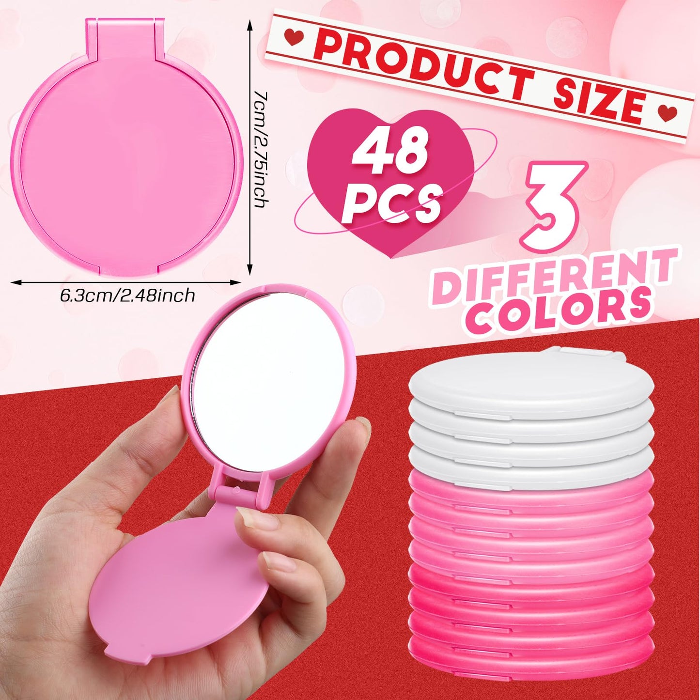 Weysat 48 Pcs Compact Mirror Bulk Gifts Pink White Mini Folding Pocket Mirror Portable Small Round Travel for Women Makeup Goodie Bag Purse Wedding Mothers Valentines Party Favors