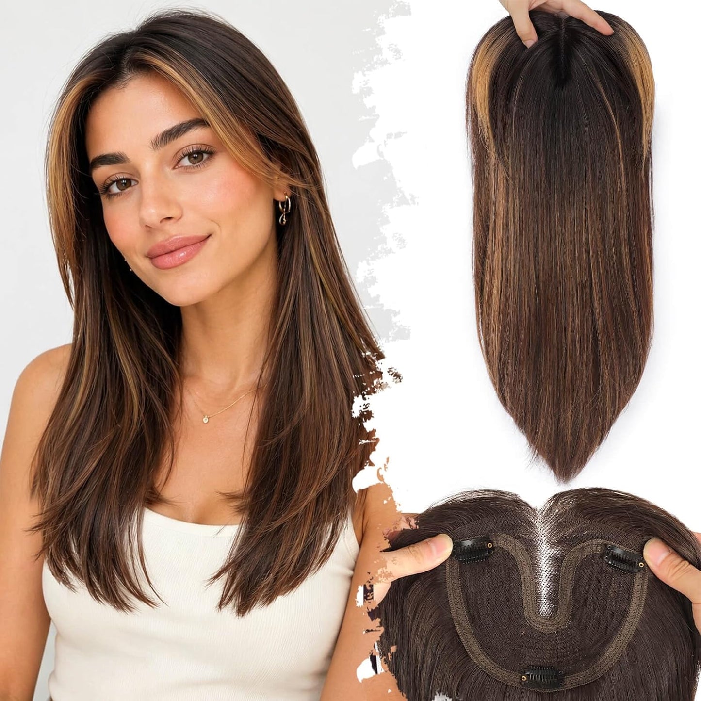 Ash Blonde Synthetic Hair Toppers with Platinum Highlights - 18" Long, 5x6" Base for Thinning Hair, Clip-In Wispy Bangs