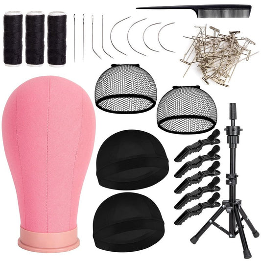 koskusder 22 Inch Wig Head Canvas Head with Stand Cork Canvas Mannequin Head with Wig Head Stand Manikin Head Block Set for Wigs Trimming Making Display with T Pins Set (Pink)