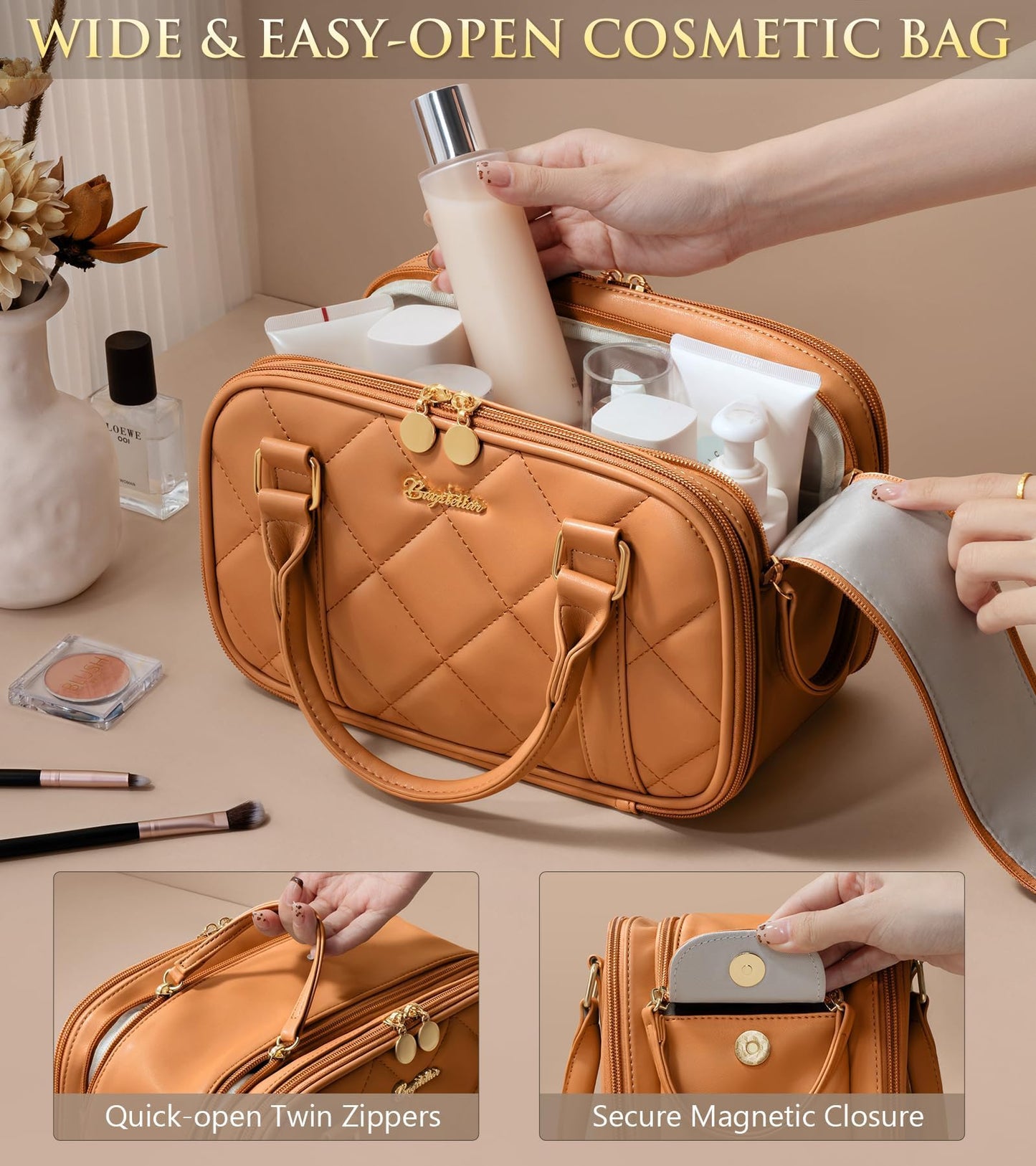 Bagstellar Travel Makeup Bag, Large Capacity Quilted Toiletry Bag for Women Stand-up Cosmetic Bag Open Flat Make Up Case Organizer Portable Pouch Purse w/Handle for Traveling Accessories, Brown