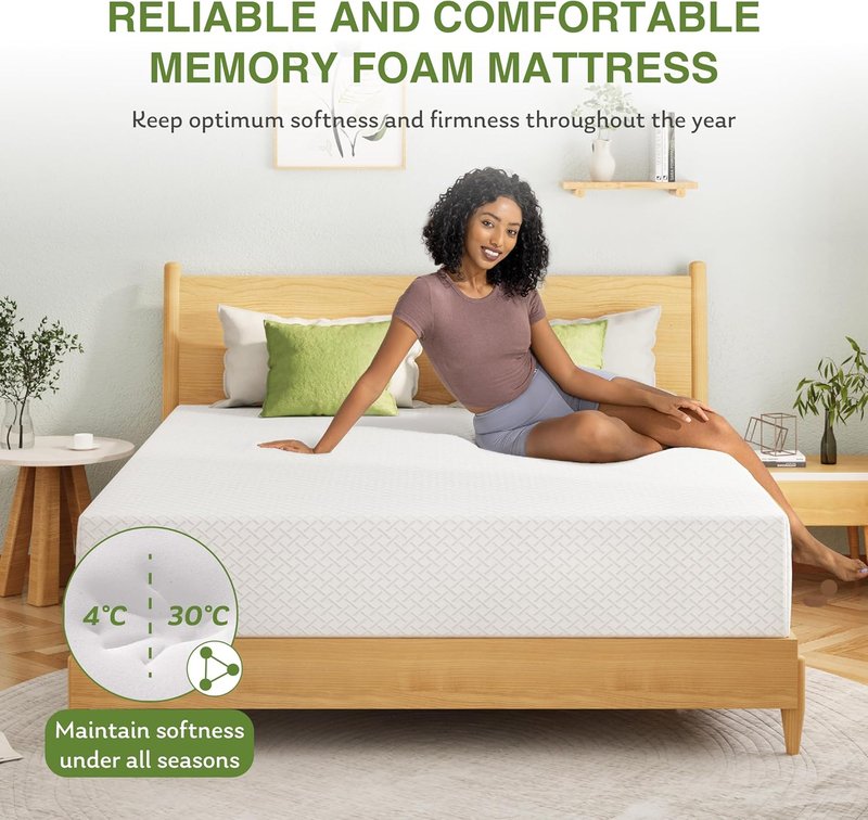 EGOHOME 12-Inch Queen Memory Foam Mattress - Cooling Green Tea Gel, Medium Firm Support | 80''L x 60''W, White