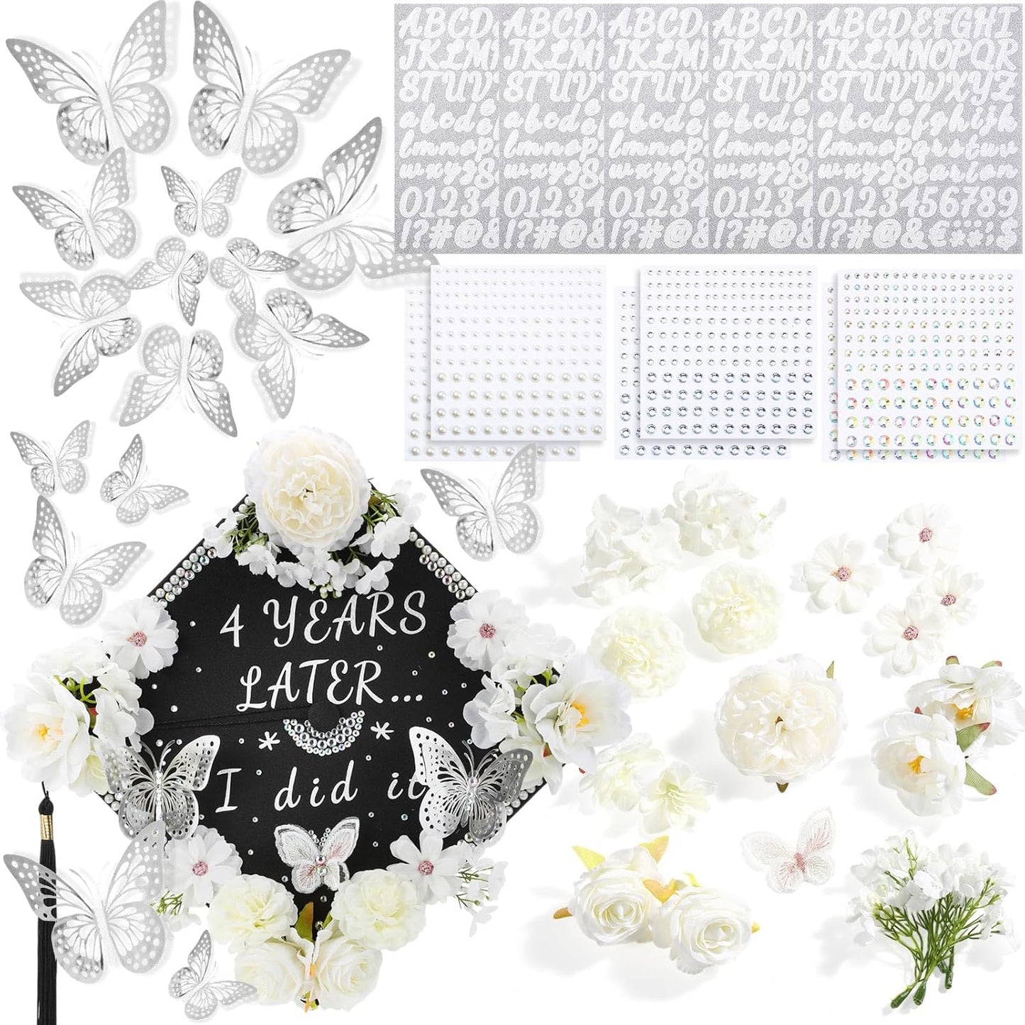 DIY Graduation Cap Decorations Kit - Faux Flowers, 3D Butterflies & Rhinestones | Pink Grad Cap Topper for 2026