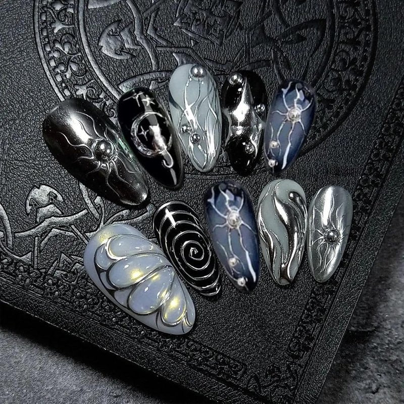 Gothic Press-On Nails - 30Pcs Medium Almond Black & Silver Chrome with 3D Rhinestones | Y2K Dark Punk Acrylic Design