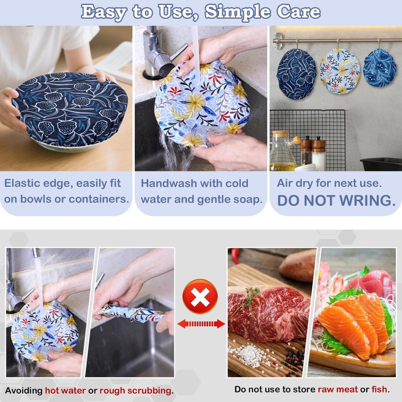 Revahope 5-Size Reusable Beeswax Bowl Covers for Bread Proofing, Cotton Cloth Flexible Beeswax Wraps for Food Storage(Blue Floral)