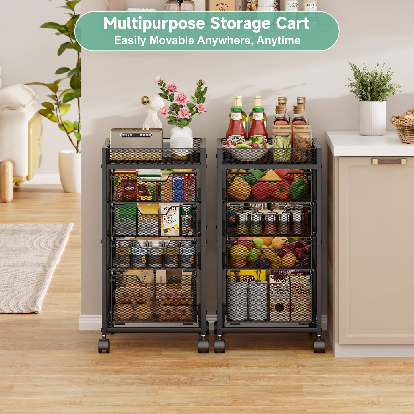 keomaisyto 5-Tier Kitchen Storage Cart with Top Basket & Drawers, Fruit and Vegetable Storage Rack on Wheels, Metal Rolling Cart with Drawers & Kitchen Organization for Snacks, Potatoes, Onions, Cans