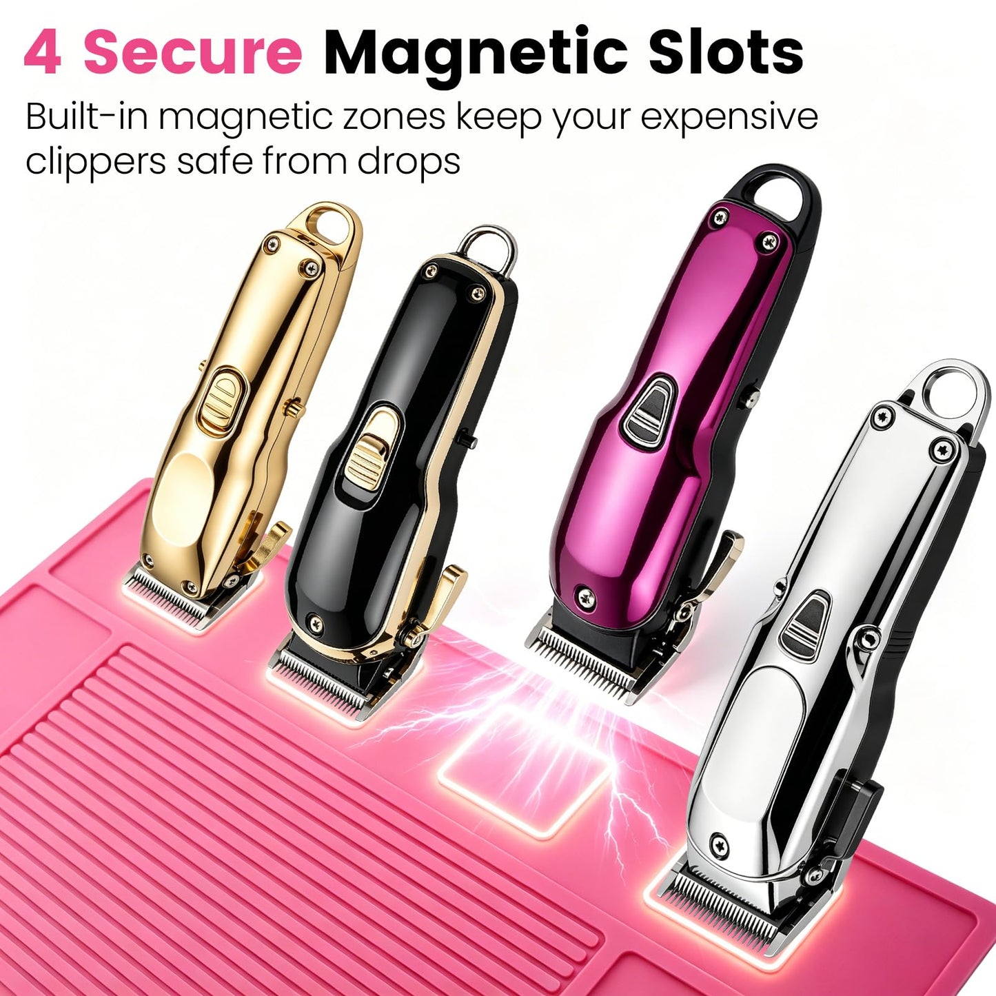 MEOFIENK Magnetic Barber Mat for Clippers – 4 Magnets, Anti-Slip Heat-Resistant Silicone Pad, Barber Station Organizer with Tool Slots & Textured Zones for Hairstylist Salon Home