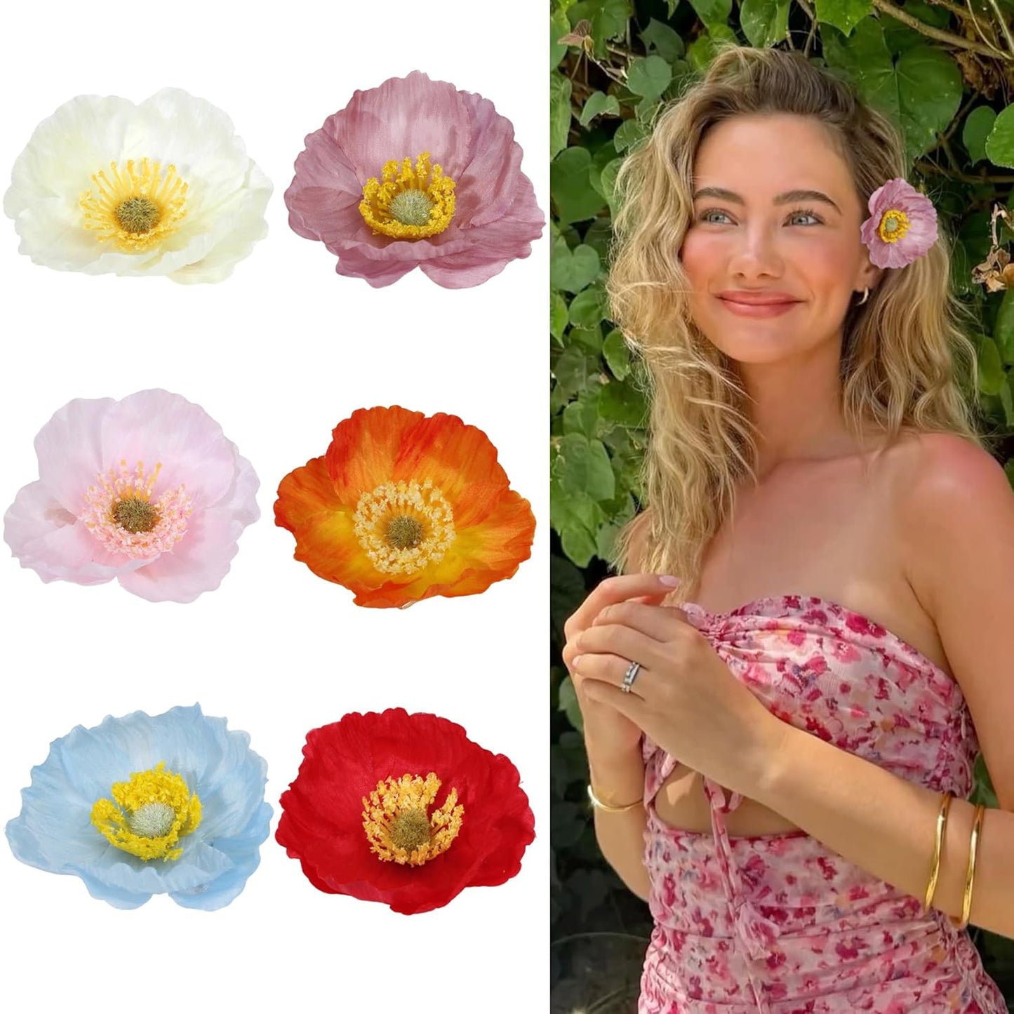 Flower Hair Clips - 6-Pack Hawaiian Tropical Silk Floral Hairpins for Women | Beach Wedding Accessories (Orange, Blue, Yellow)