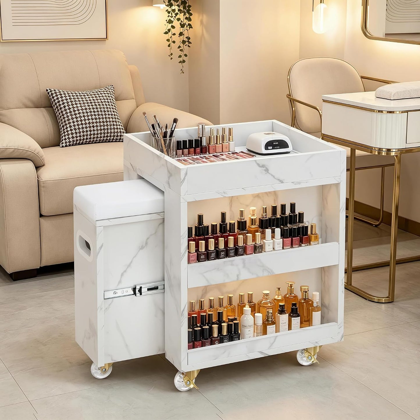 Foot Nail Cart - Mobile Pedicure Trolley with Lockable Wheels & Storage | Beauty Salon Organizer (15.7" L)