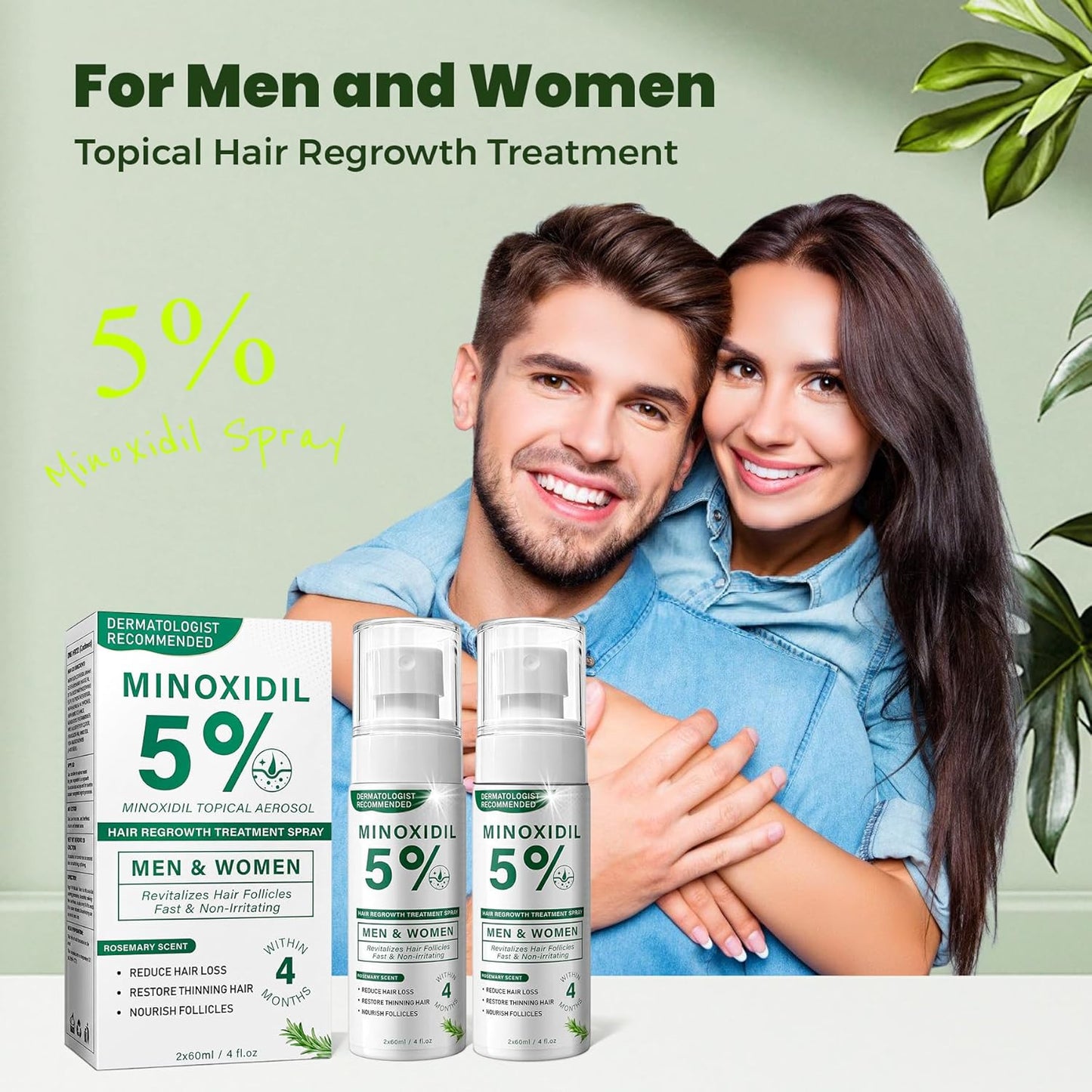 Minoxidil Hair Regrowth Spray - Rosemary Scented Formula for Men & Women | 2 x 60ml Value Pack for Thinning Hair