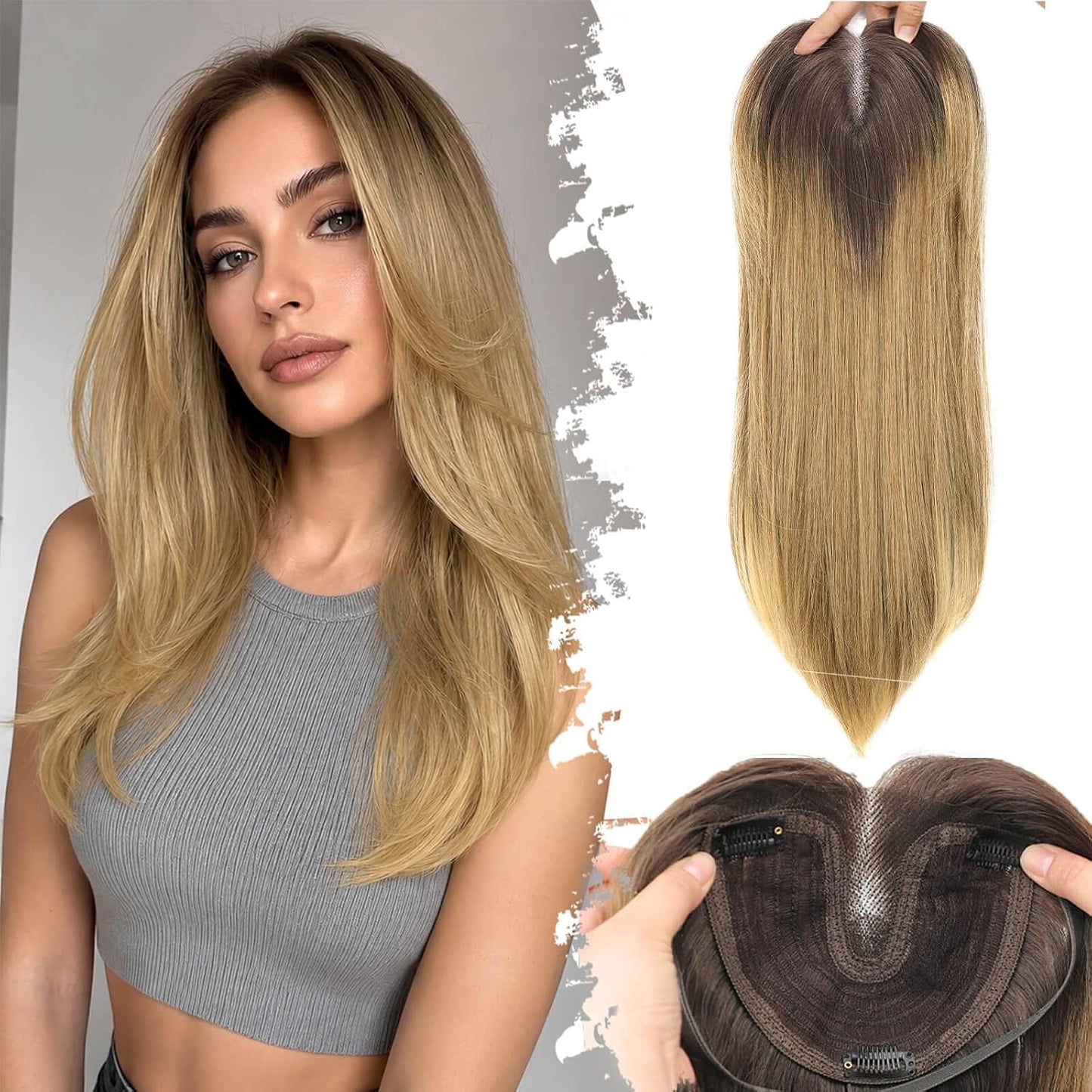 Ash Blonde Synthetic Hair Toppers with Platinum Highlights - 18" Long, 5x6" Base for Thinning Hair, Clip-In Wispy Bangs