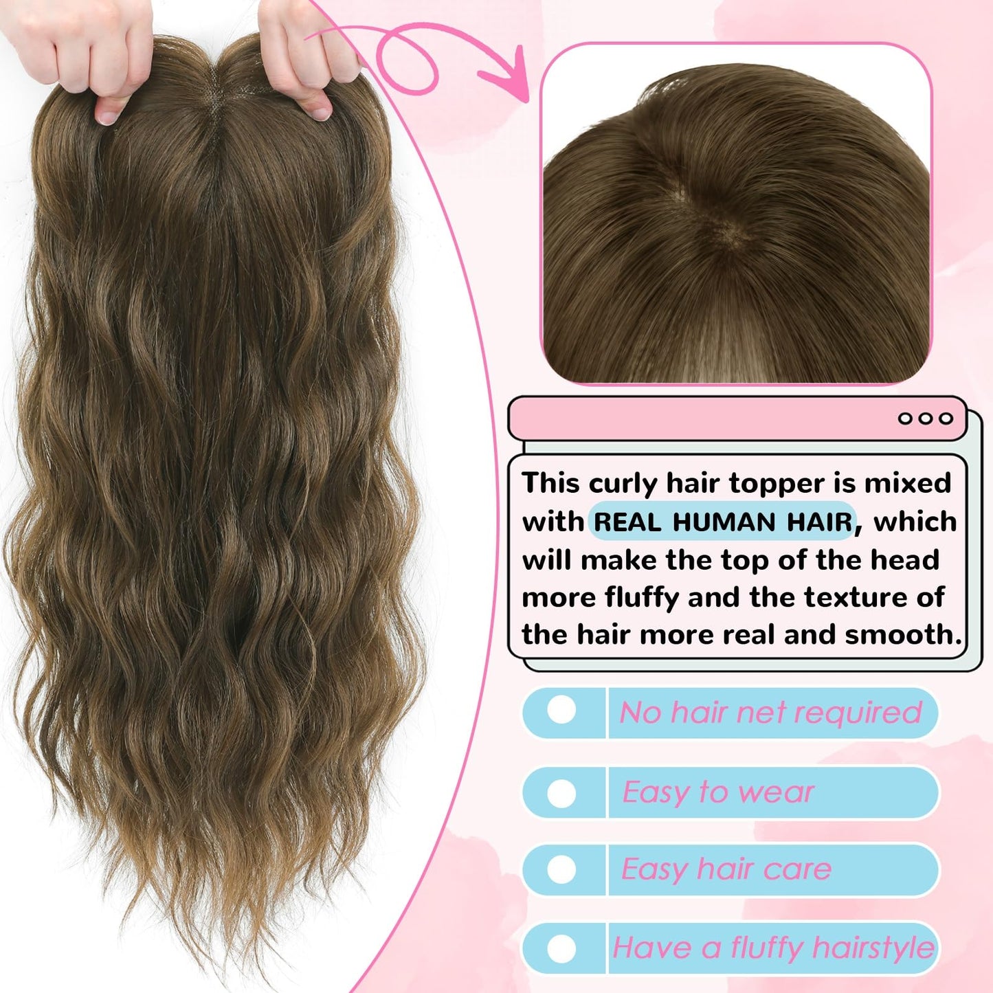 OOPPOO Hair Toppers for Women, 20 Inch Hand Tied Breathable Toppers Hair pieces for Women with Thinning Crown Curtain Bangs Mix Human Hair Clip in Curly Lightweight Wiglets(Chestnu Brown)