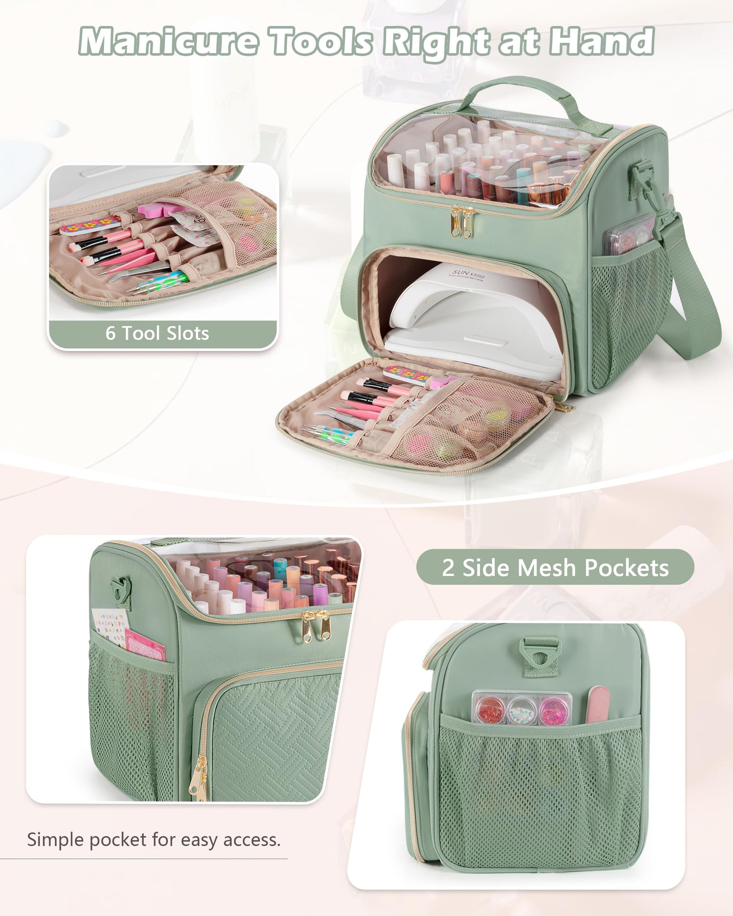 Prokva Nail Polish Organizer Bag Holds 42 Bottles(15ml/0.5 fl.oz), Double Layer Nail Storage Case for Gel Polish and Manicure Tools, Travel Nail Bag, Green
