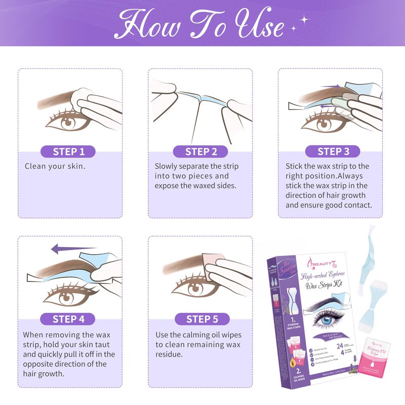 Beauty7 Sensitive High Arched Eyebrow Wax Strips, Facial Hair Removal, 24 Eyebrow Waxing Strips, 4 Calming Oil Wipes, for Sensitive Skin Types for Women (24 Strips)