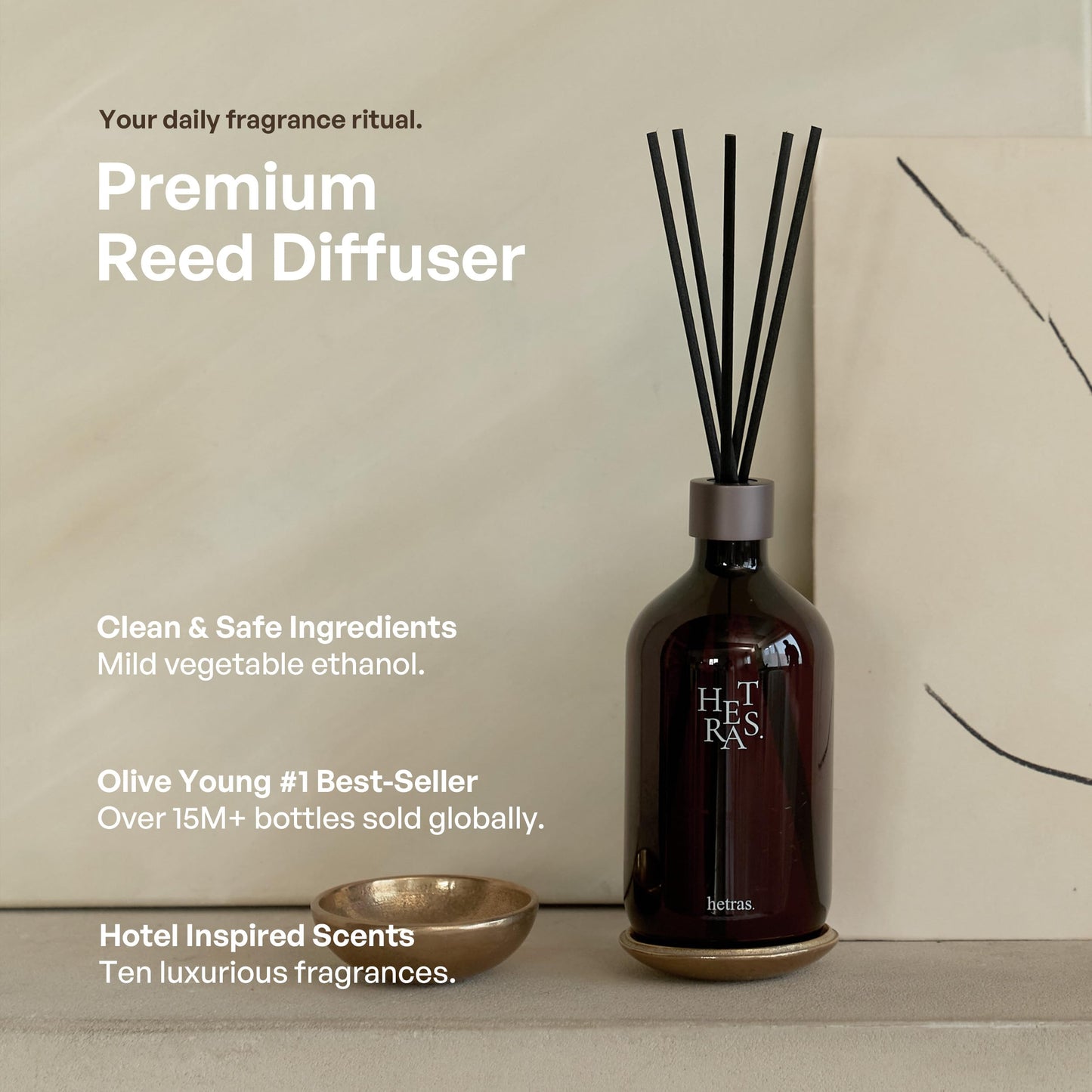 hetras Premium Reed Diffuser Set (Jeju Saryeoni Forest Scent)–Large Capacity Home Fragrance | 16.9 fl.oz (500ml), 1 Pack with 5 Reed Sticks | Citrus & Cedarwood Aroma | Luxury Decor for Home & Office