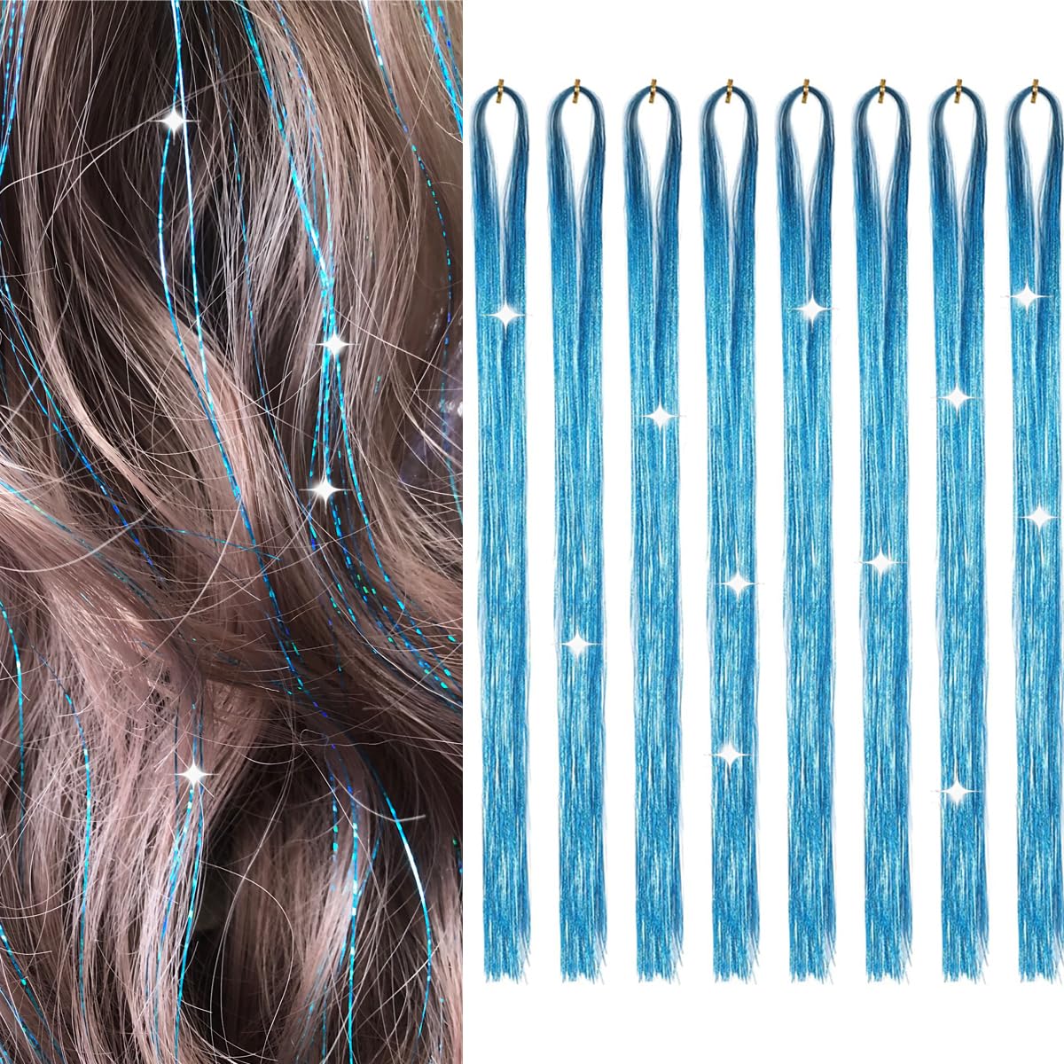 Hair Tinsel 8 Packs 1600 Strands 50 Inch Tinsel Hair Extensions Lake Blue Heat Resistant Glitter Sparkling Shinny Fairy Hair Accessories for Women(Lake Blue, 50Inch)