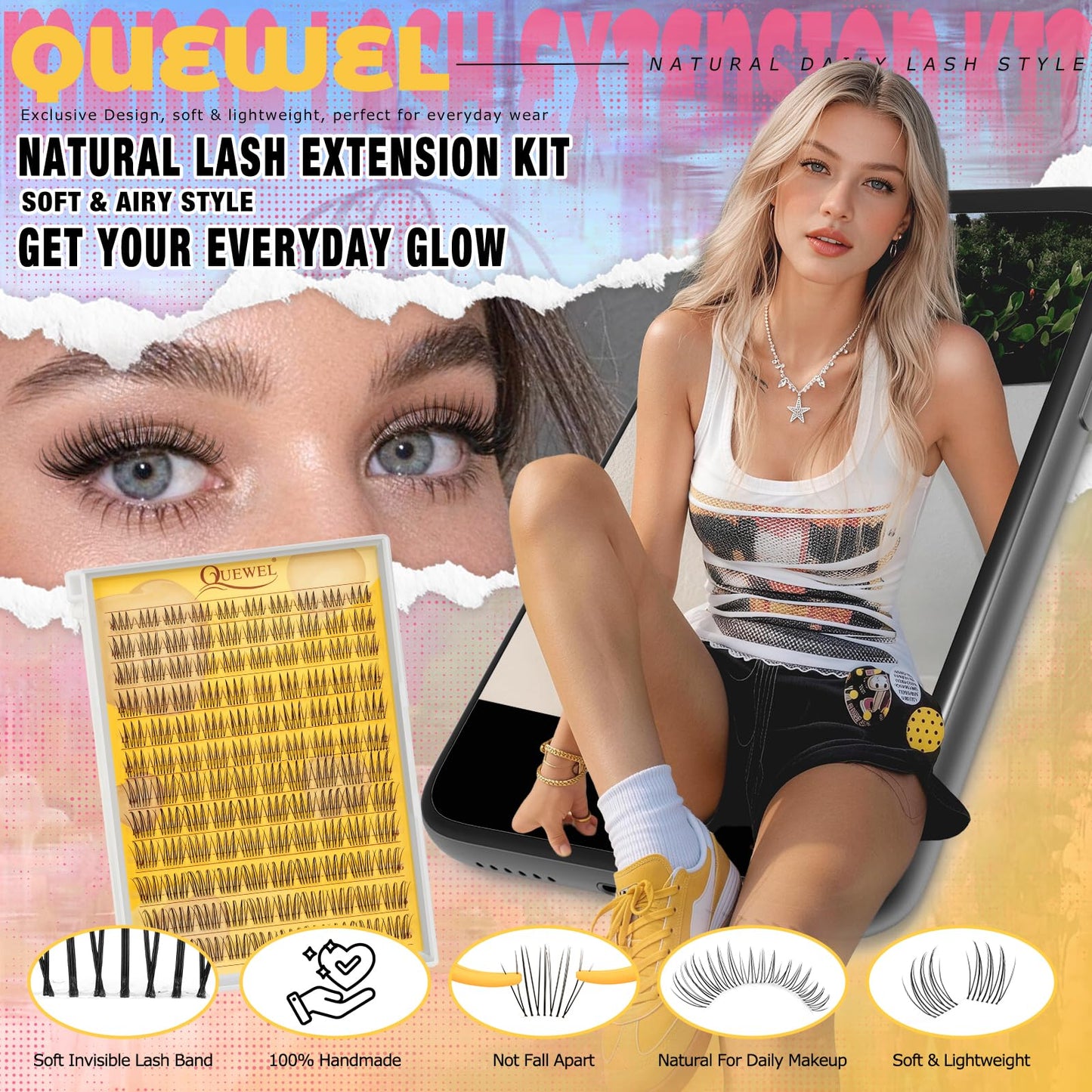 QUEWEL Natural Lash Clusters Kit Soft 120Pcs Aurora Lash clusters Invisible Band Lightweight C Curl 8-16MM Eyelash Extension Kit with Eyelash Clusters Bond and Seal Tweezers for Daily Wear (Aurora)