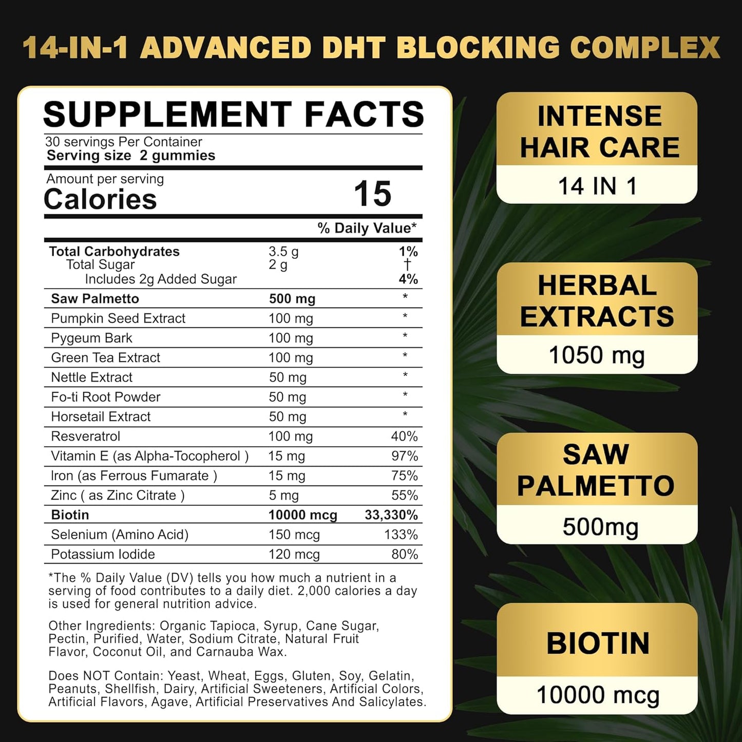 DHT Blocker Gummies - Hair Growth Supplement with Saw Palmetto & Biotin 10000 mcg | Prevent Hair Loss & Balance DHT
