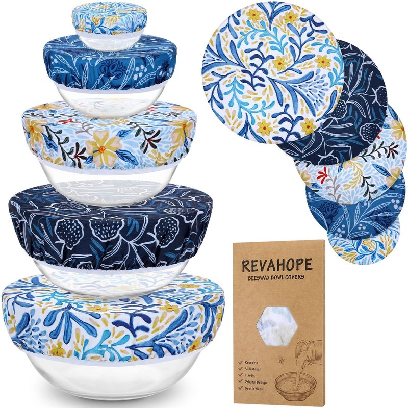 Revahope 5-Size Reusable Beeswax Bowl Covers for Bread Proofing, Cotton Cloth Flexible Beeswax Wraps for Food Storage(Blue Floral)