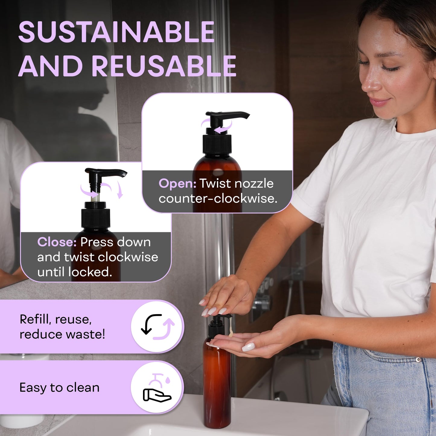 BRIGHTFROM Lotion Pump Bottles, Empty 8 OZ, BPA-Free Refillable Plastic Containers, Amber with Black Dispenser for - Soap, Shampoo, Lotions, Liquid Body Soap, Creams and Massage Oil (2 Pack)